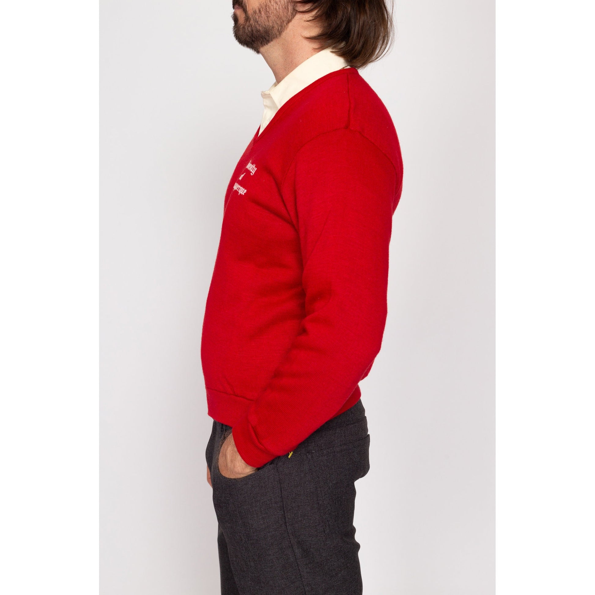 Small 70s University Of Albuquerque Red V-Neck Sweater | Vintage Knit Collegiate Pullover