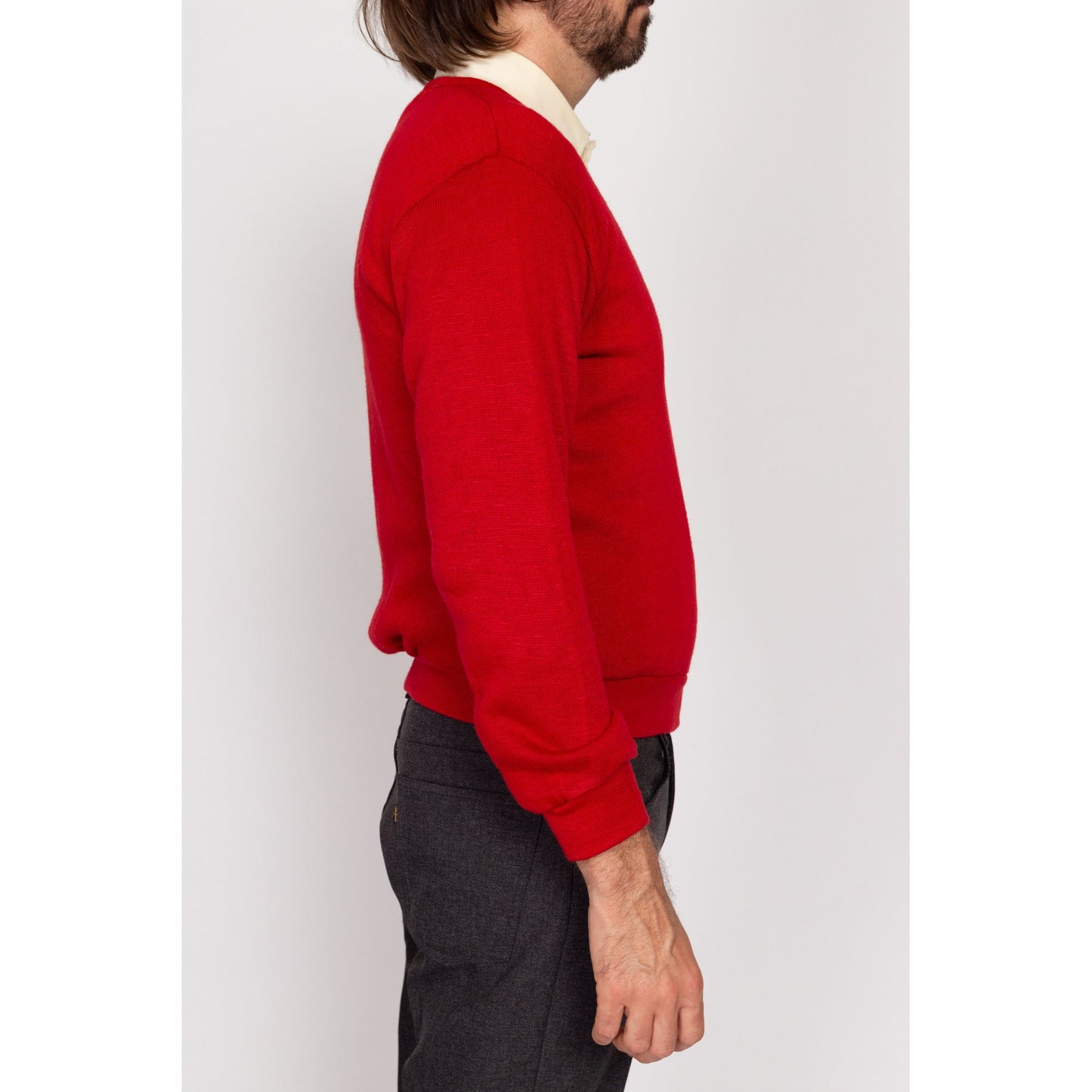 Small 70s University Of Albuquerque Red V-Neck Sweater | Vintage Knit Collegiate Pullover