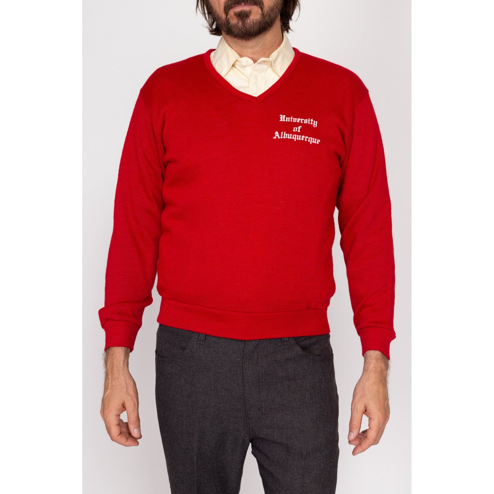 Small 70s University Of Albuquerque Red V-Neck Sweater | Vintage Knit Collegiate Pullover