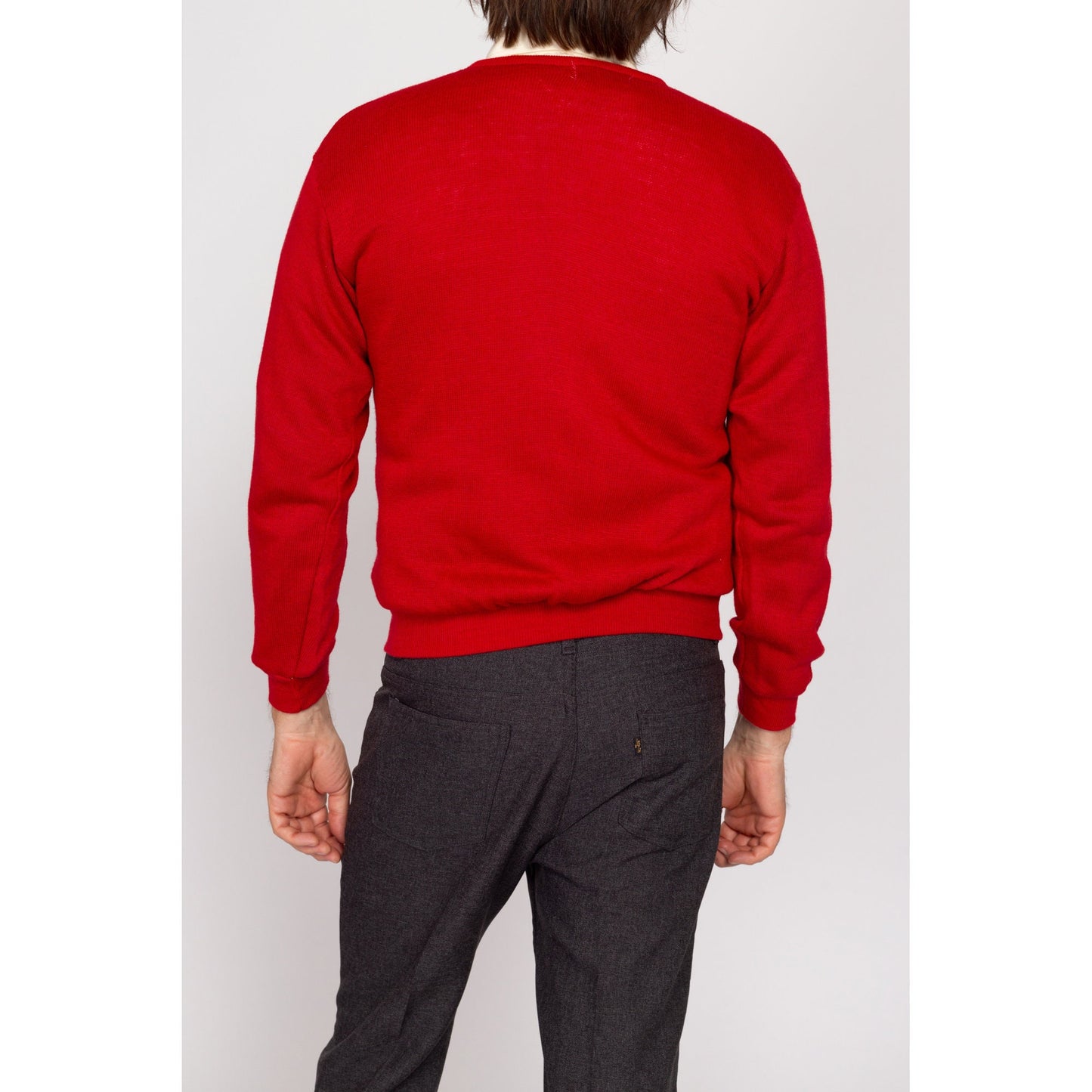 Small 70s University Of Albuquerque Red V-Neck Sweater | Vintage Knit Collegiate Pullover