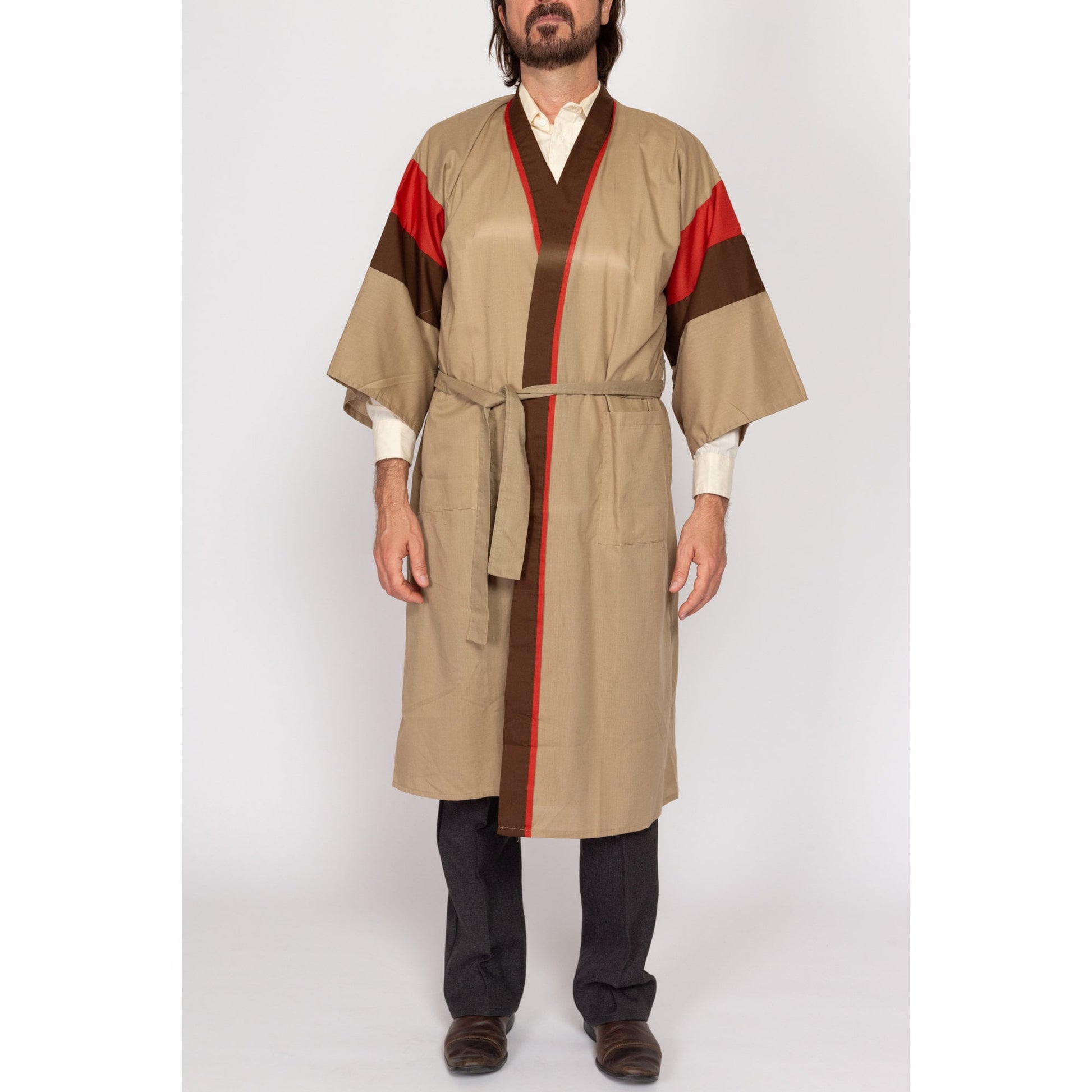 One Size 70s Tan & Red Color Block Robe | Vintage Belted Loungewear Duster