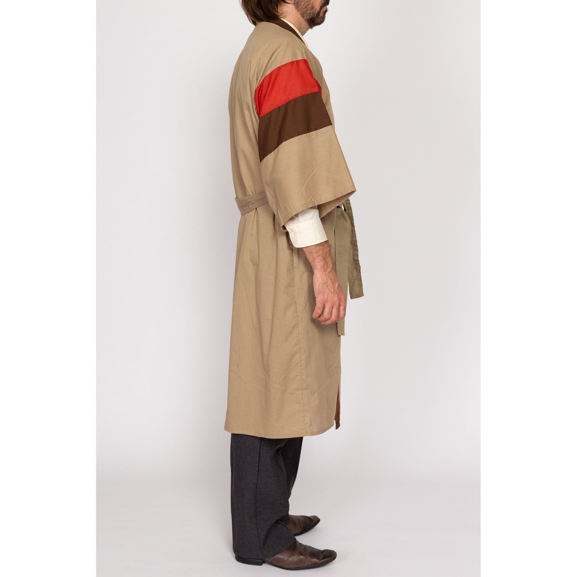 One Size 70s Tan & Red Color Block Robe | Vintage Belted Loungewear Duster