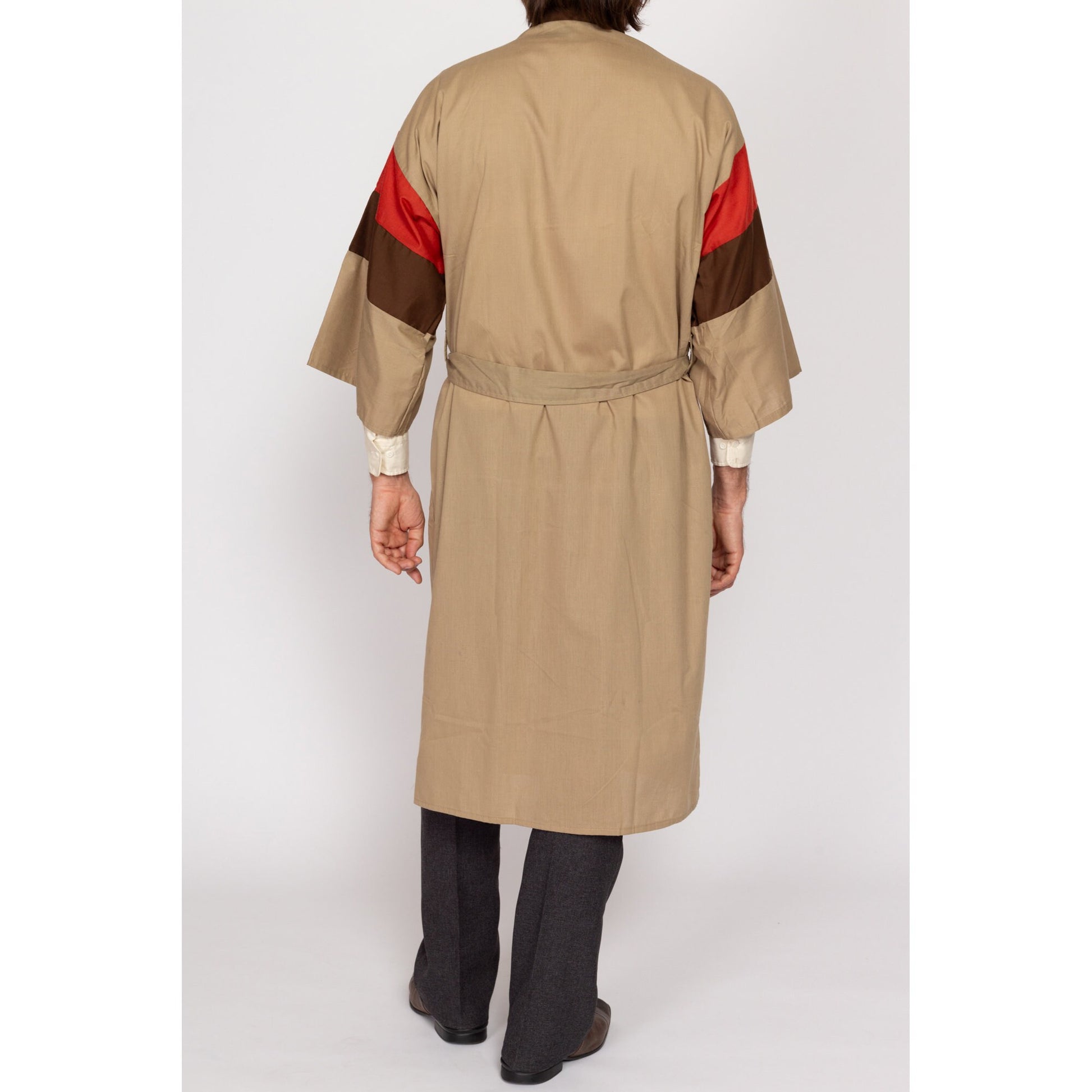 One Size 70s Tan & Red Color Block Robe | Vintage Belted Loungewear Duster