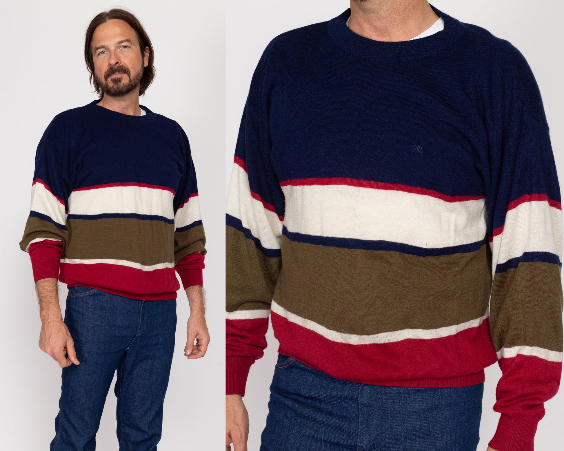 Large 80s Oscar De La Renta Striped Sweater | Vintage Navy Blue Slouchy Knit Pullover Jumper