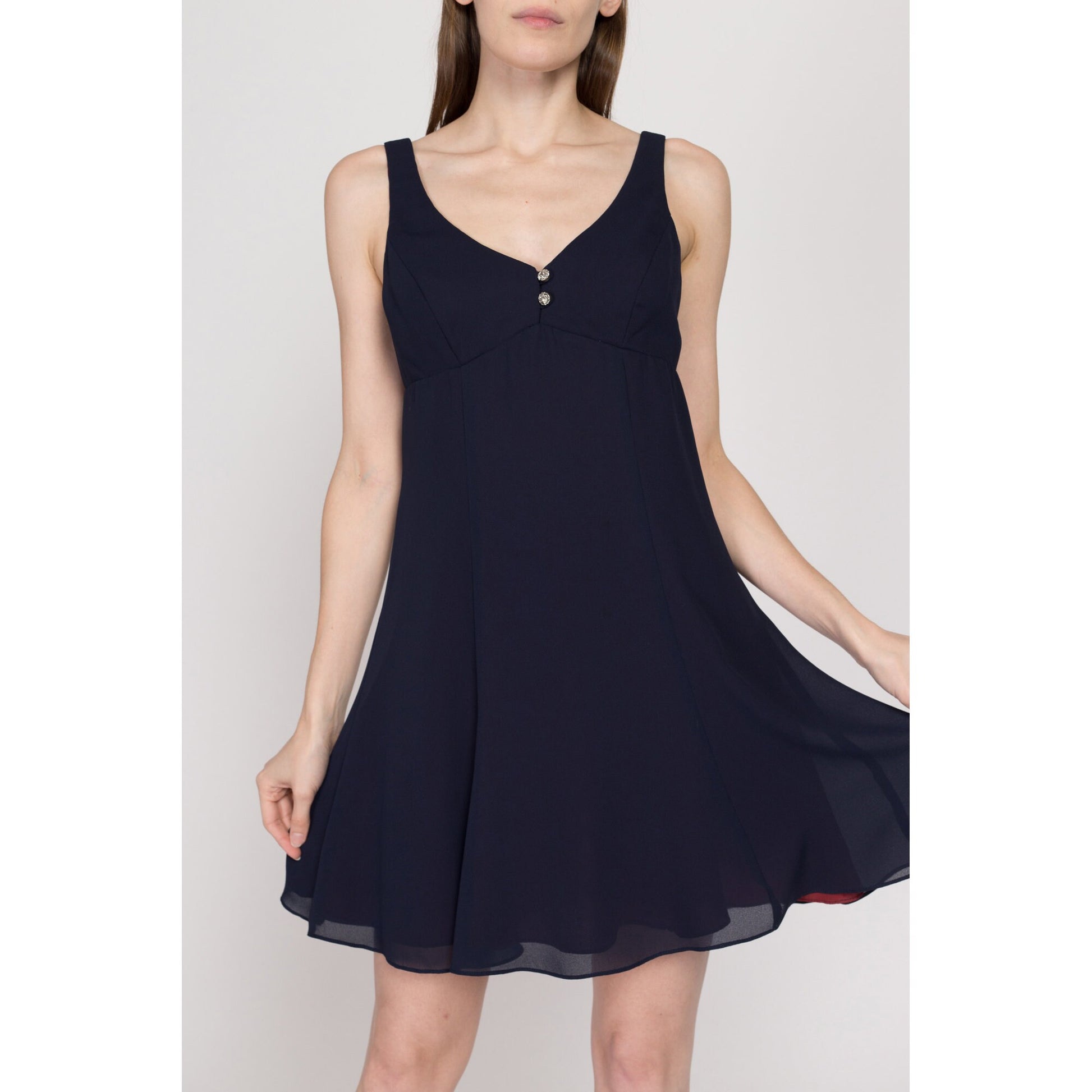 Small 90s Navy Blue Mini Babydoll Party Dress | Vintage Sleeveless A Line Flowy Cocktail Dress
