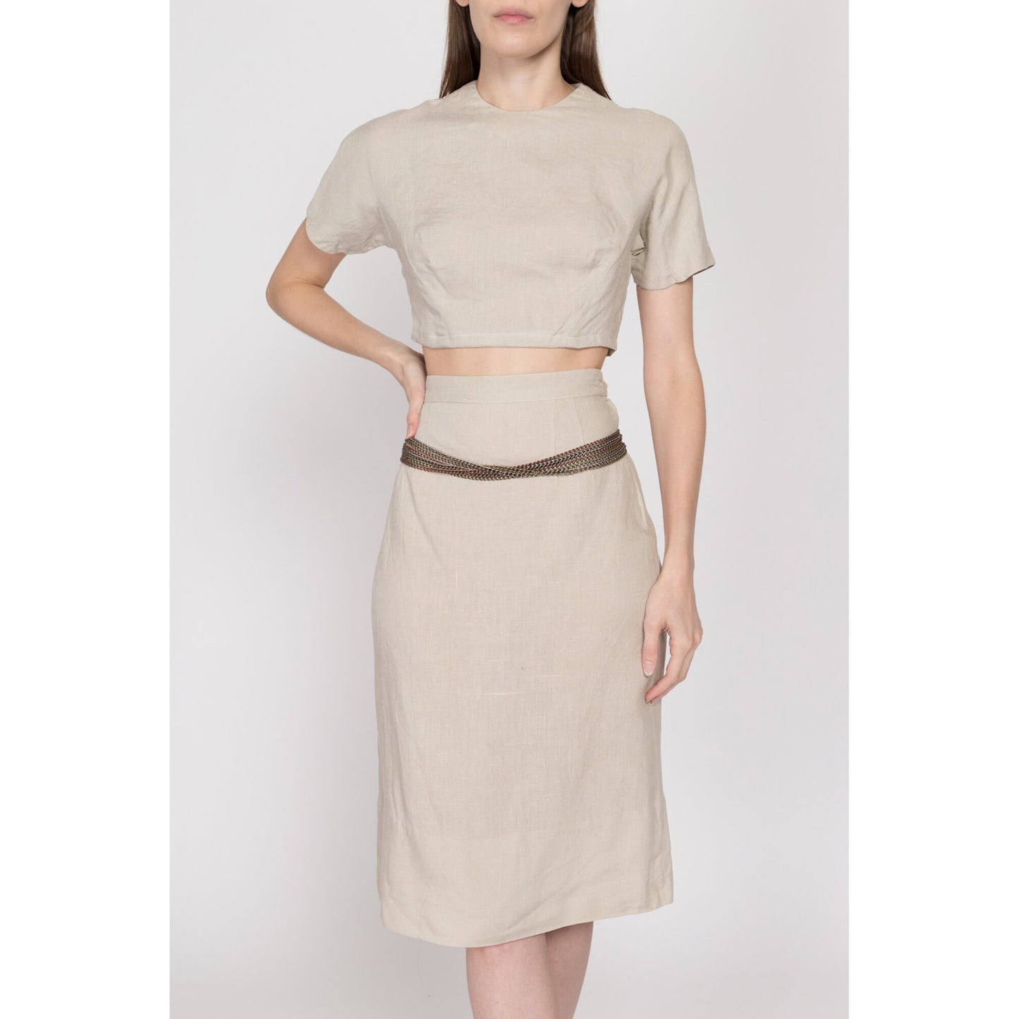 XS 60s Oatmeal Linen Crop Top & Midi Skirt Set | Vintage Short Sleeve Button Back Two Piece Matching Outfit