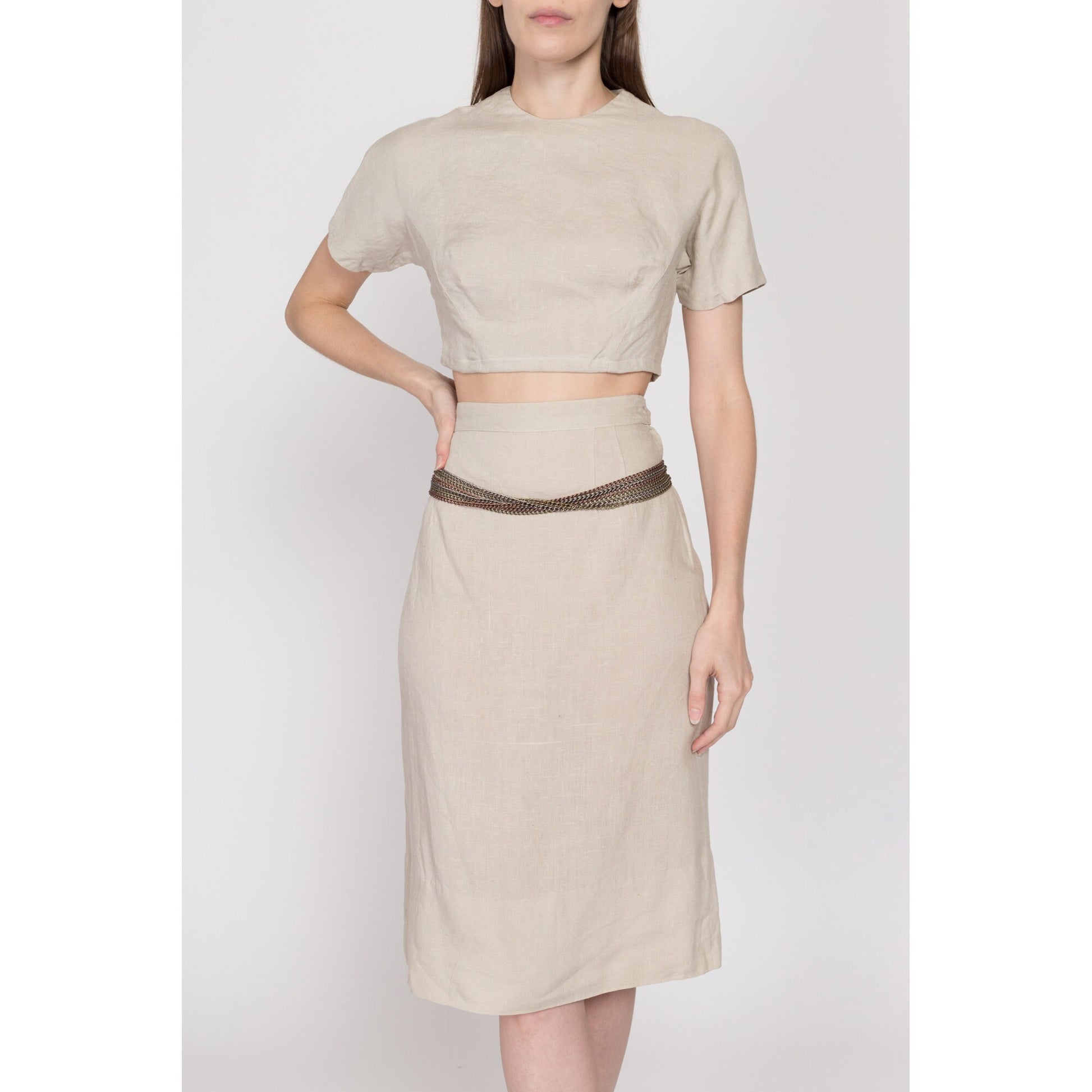 XS 60s Oatmeal Linen Crop Top & Midi Skirt Set | Vintage Short Sleeve Button Back Two Piece Matching Outfit