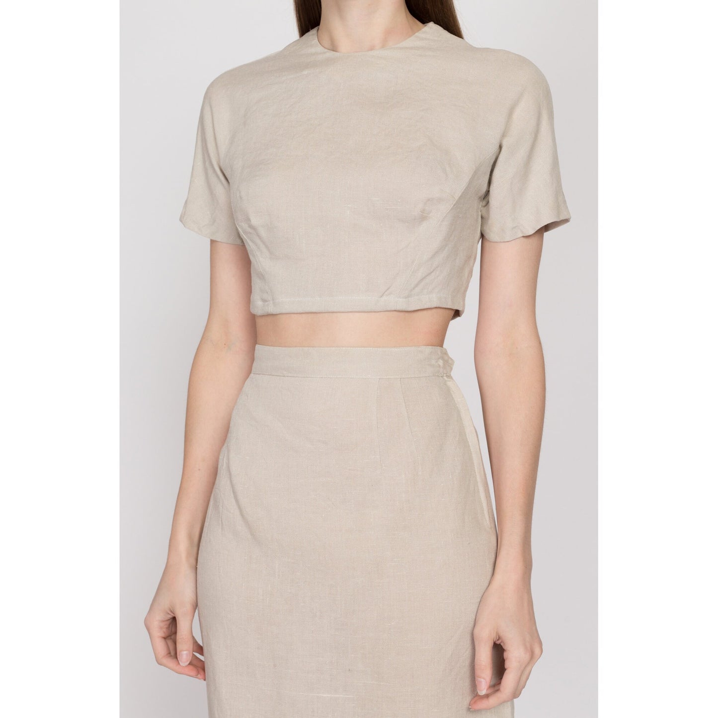 XS 60s Oatmeal Linen Crop Top & Midi Skirt Set | Vintage Short Sleeve Button Back Two Piece Matching Outfit