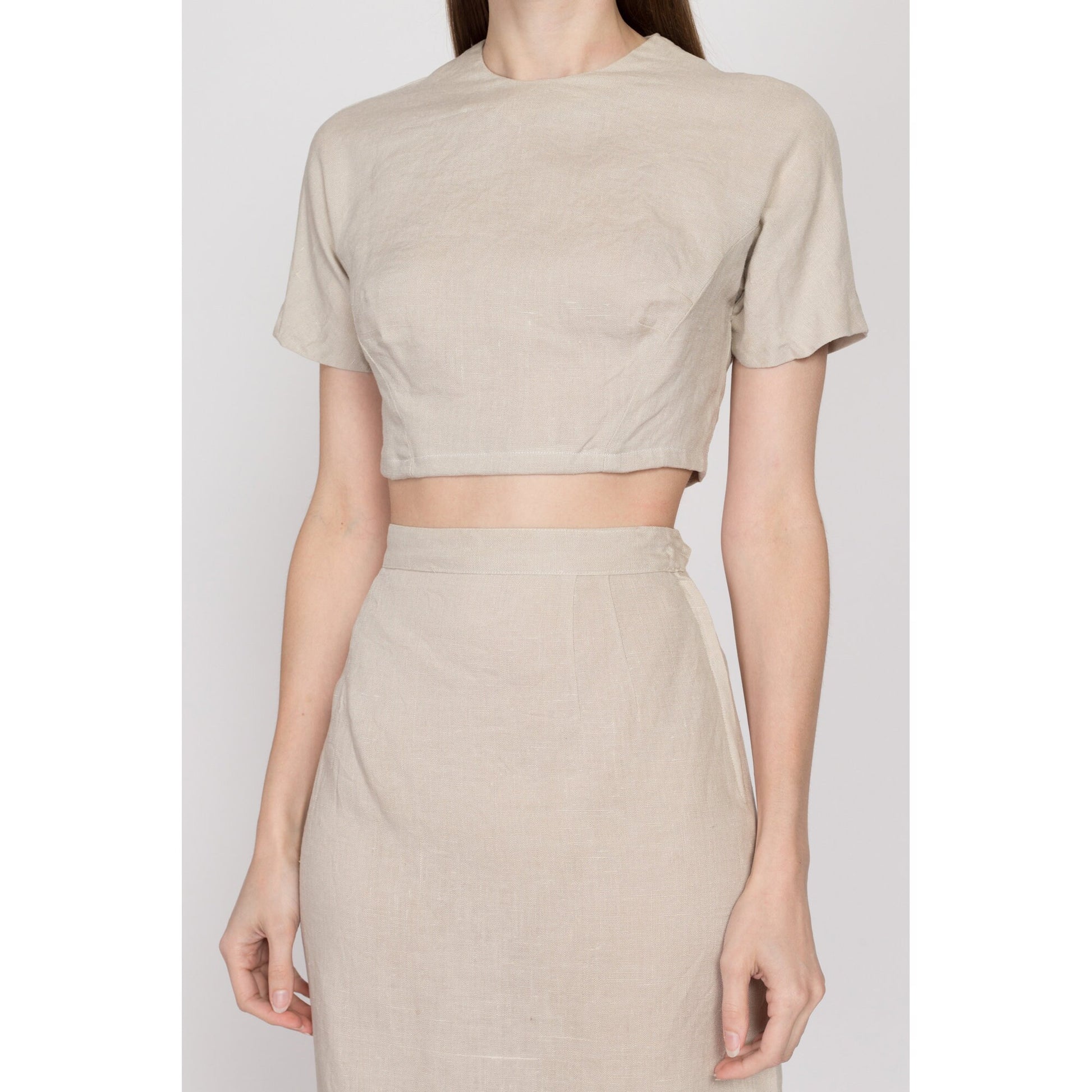 XS 60s Oatmeal Linen Crop Top & Midi Skirt Set | Vintage Short Sleeve Button Back Two Piece Matching Outfit
