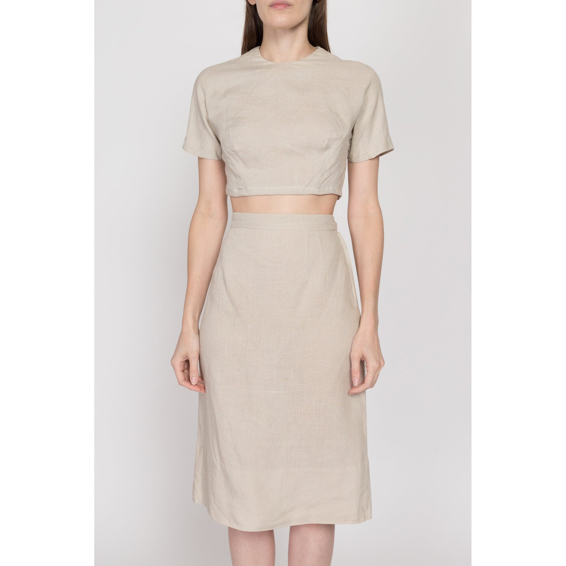 XS 60s Oatmeal Linen Crop Top & Midi Skirt Set | Vintage Short Sleeve Button Back Two Piece Matching Outfit