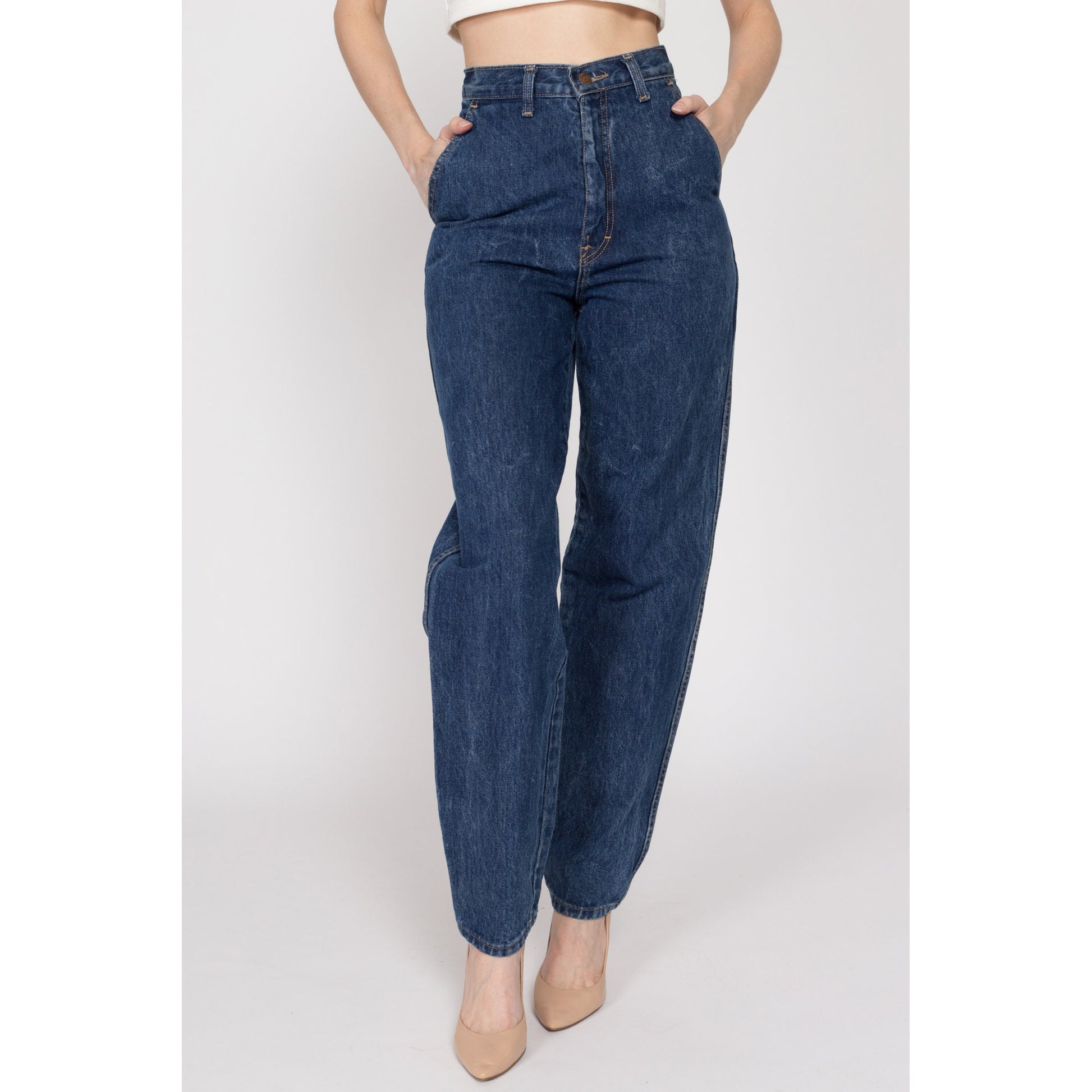 XS-Sm 80s Calvin Klein High Waisted Mom Jeans 25.5" | Vintage CK Dark Wash Denim Loose Tapered Leg Jeans