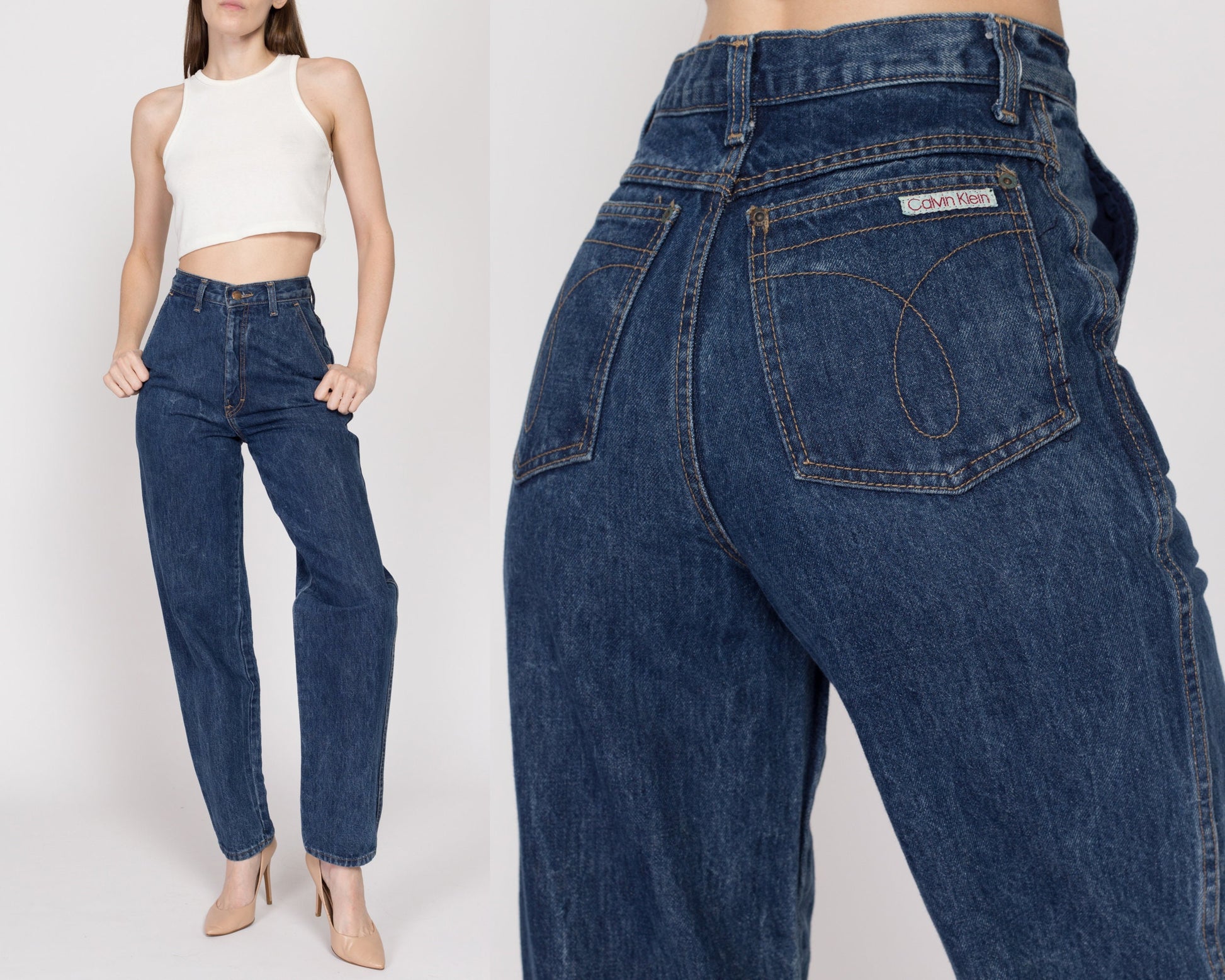 XS-Sm 80s Calvin Klein High Waisted Mom Jeans 25.5" | Vintage CK Dark Wash Denim Loose Tapered Leg Jeans