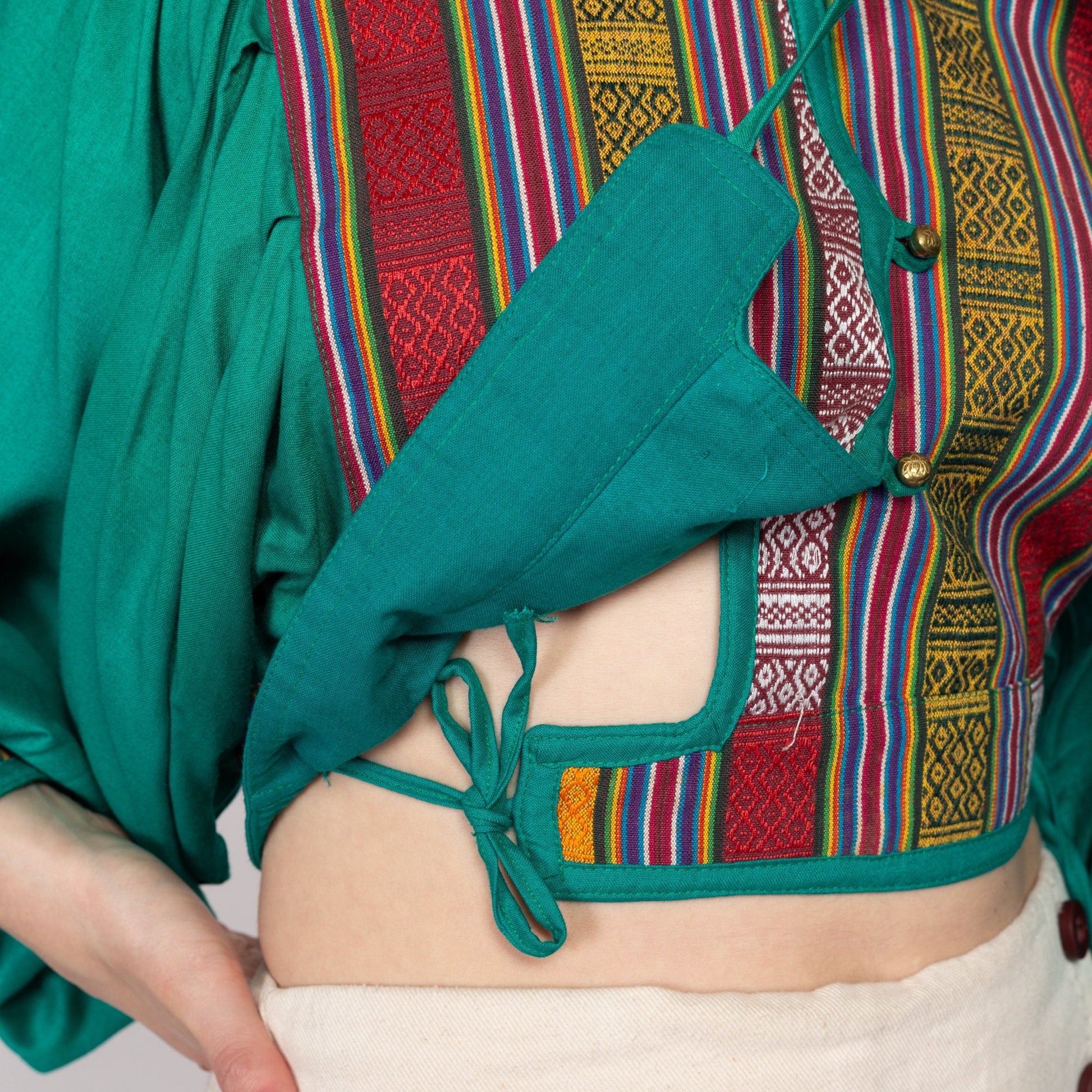 Medium 70s Teal Green Balloon Sleeve Folk Blouse | Boho Vintage Embroidered Striped Peasant Wrap Crop Top