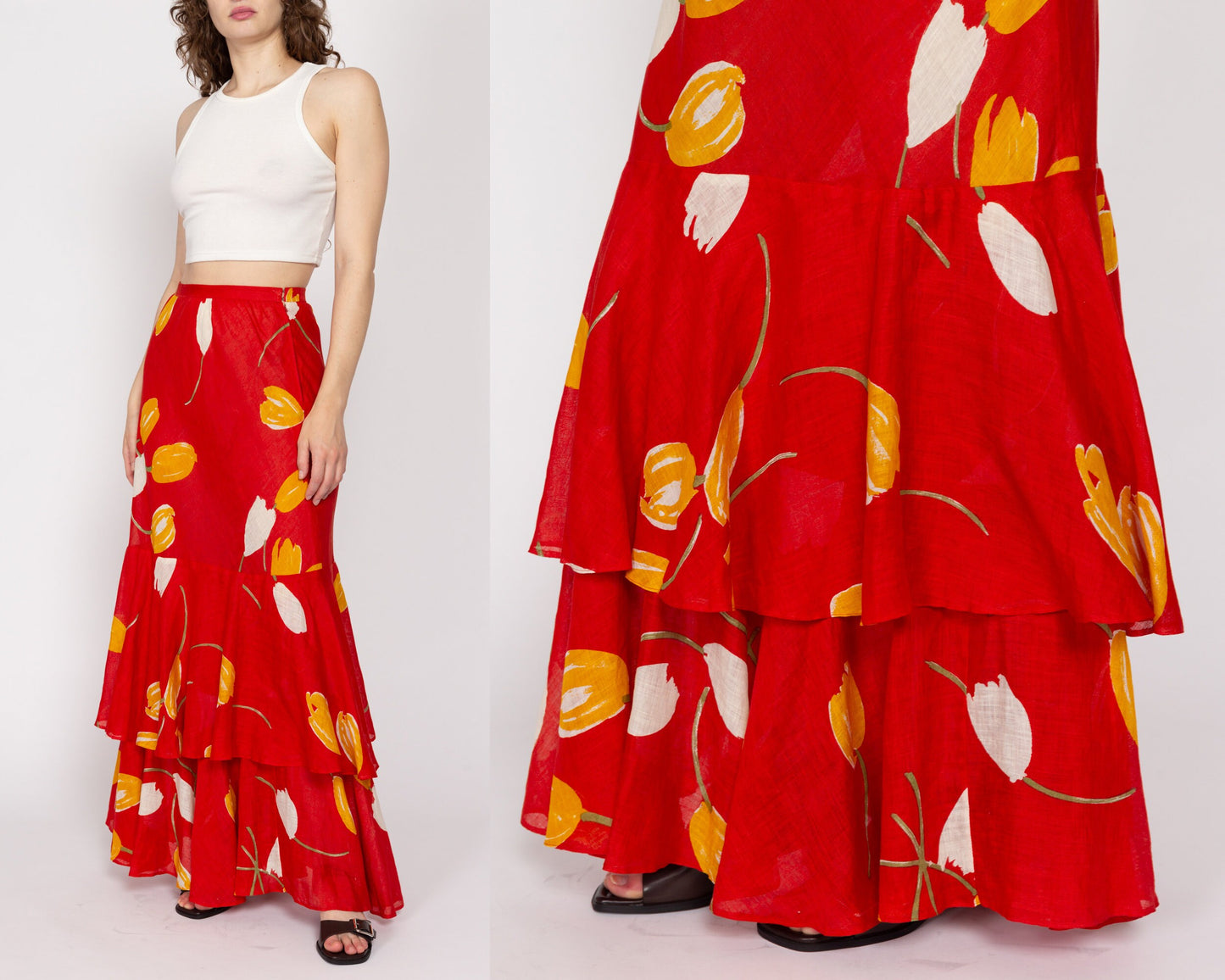 Small 70s Red Linen Tulip Print Maxi Skirt 26.5" | Vintage Floral High Waisted A Line Boho Tiered Skirt