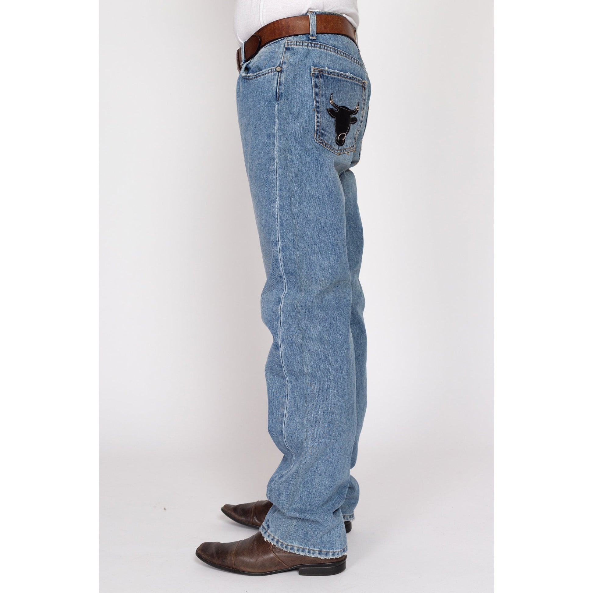 34x34 Y2K Leather Bull Patch Jeans | Vintage Light Wash Denim Western Jeans