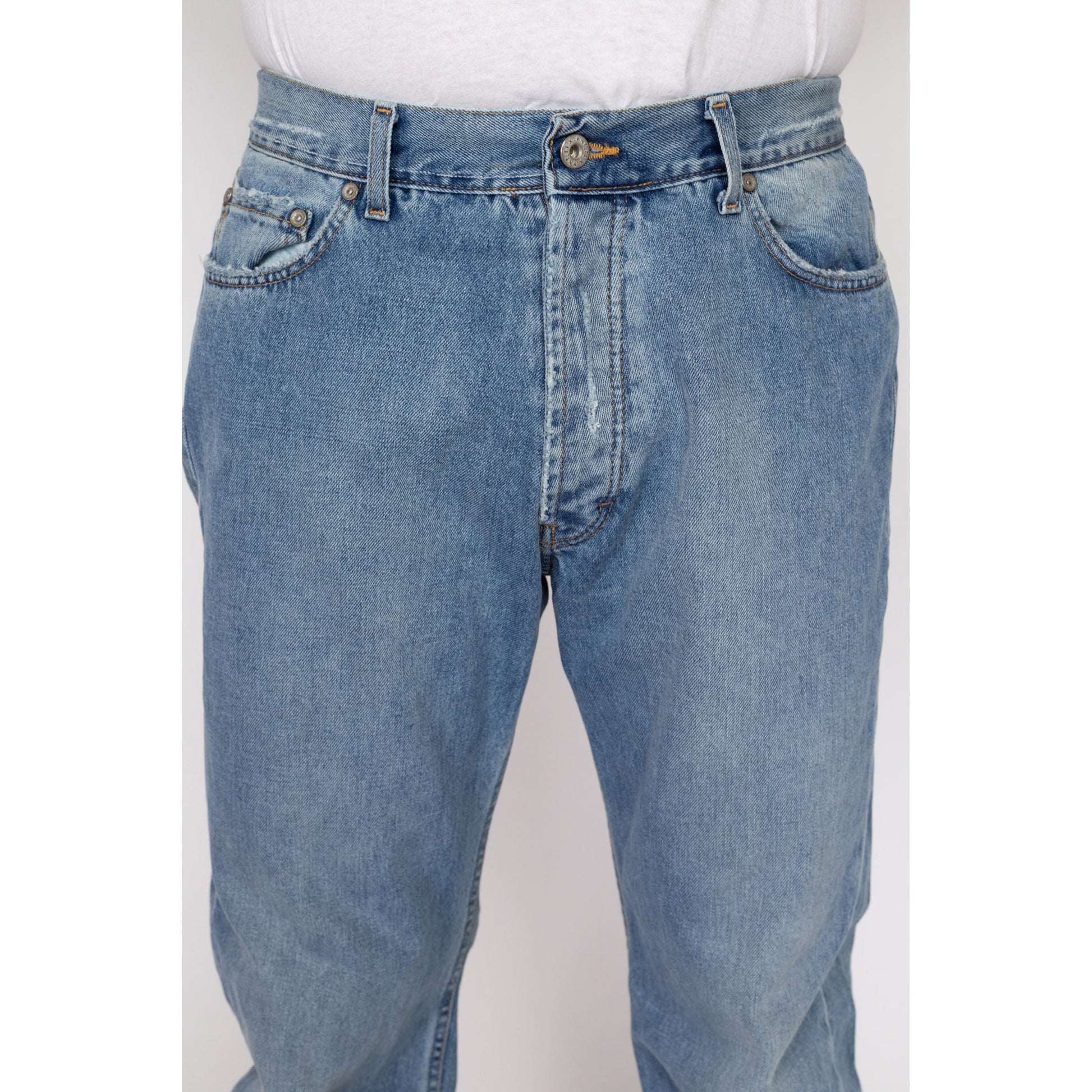 34x34 Y2K Leather Bull Patch Jeans | Vintage Light Wash Denim Western Jeans
