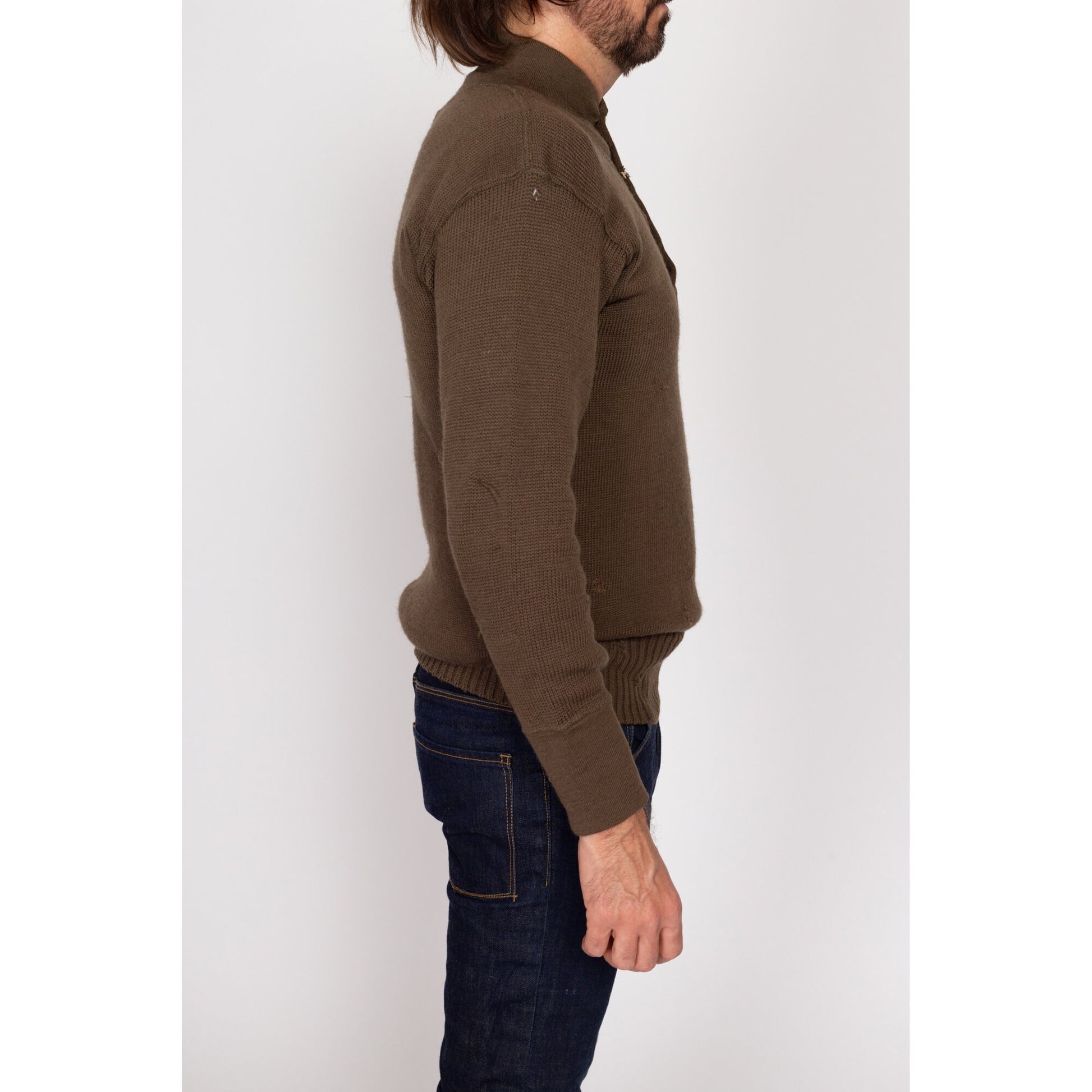 Large 70s Olive Wool Distressed Military Henley Sweater | Vintage US Army Long Sleeve Fitted Pullover