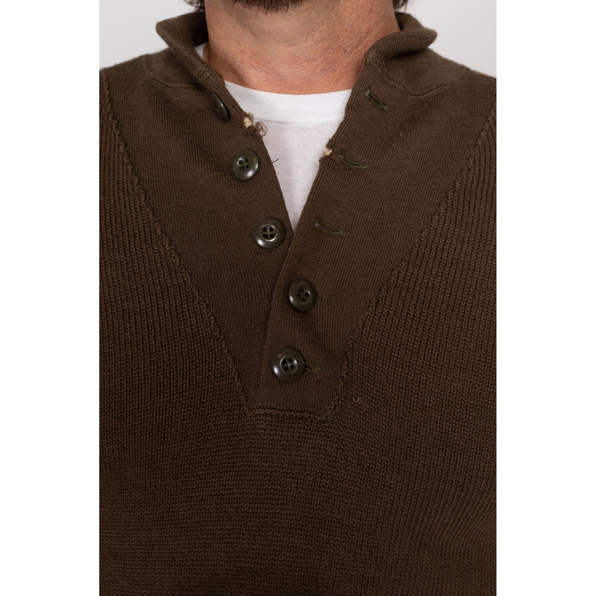 Large 70s Olive Wool Distressed Military Henley Sweater | Vintage US Army Long Sleeve Fitted Pullover