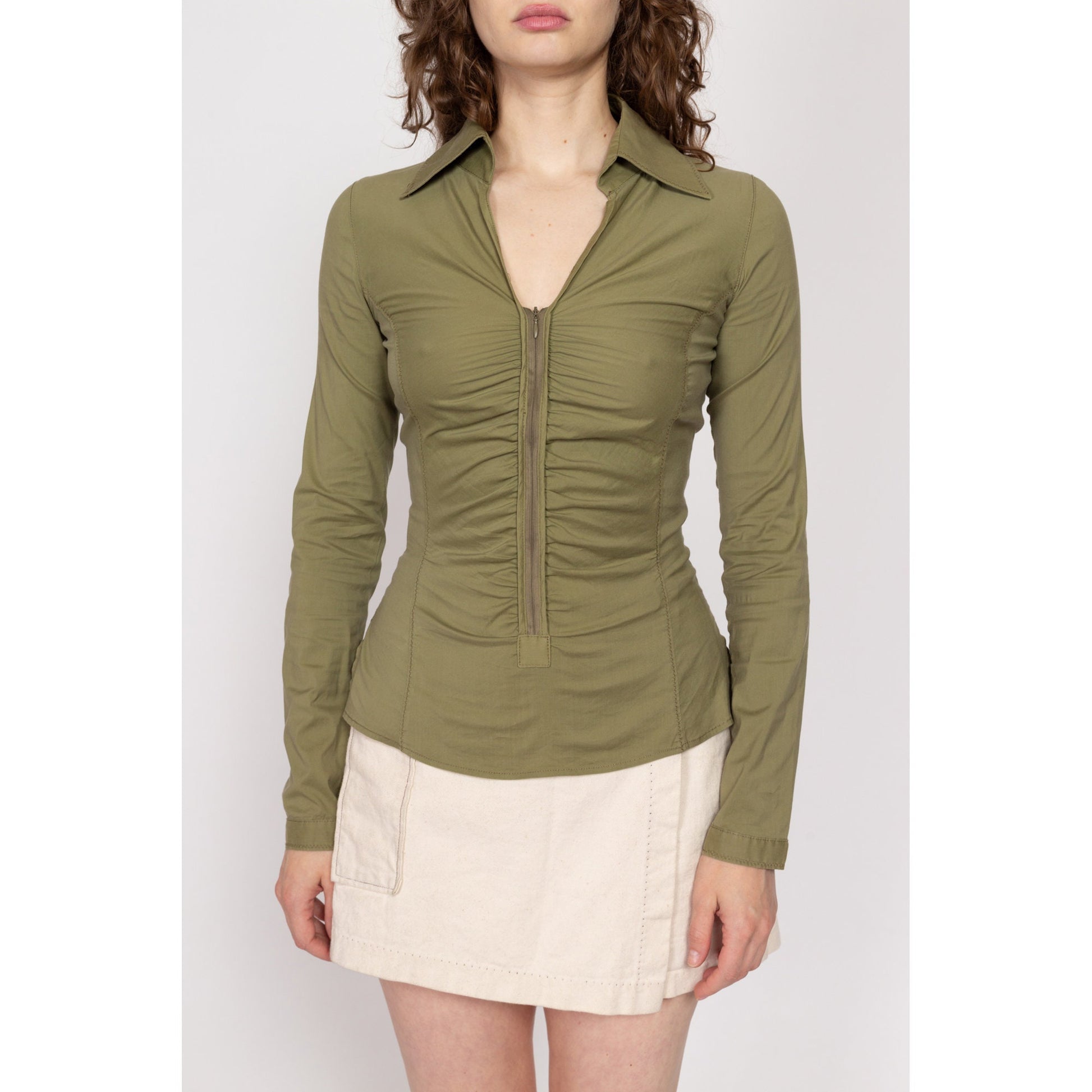 Small Y2K Army Green Ruched Long Sleeve Top | Vintage Boho V Neck Zip Front Fitted Collared Blouse