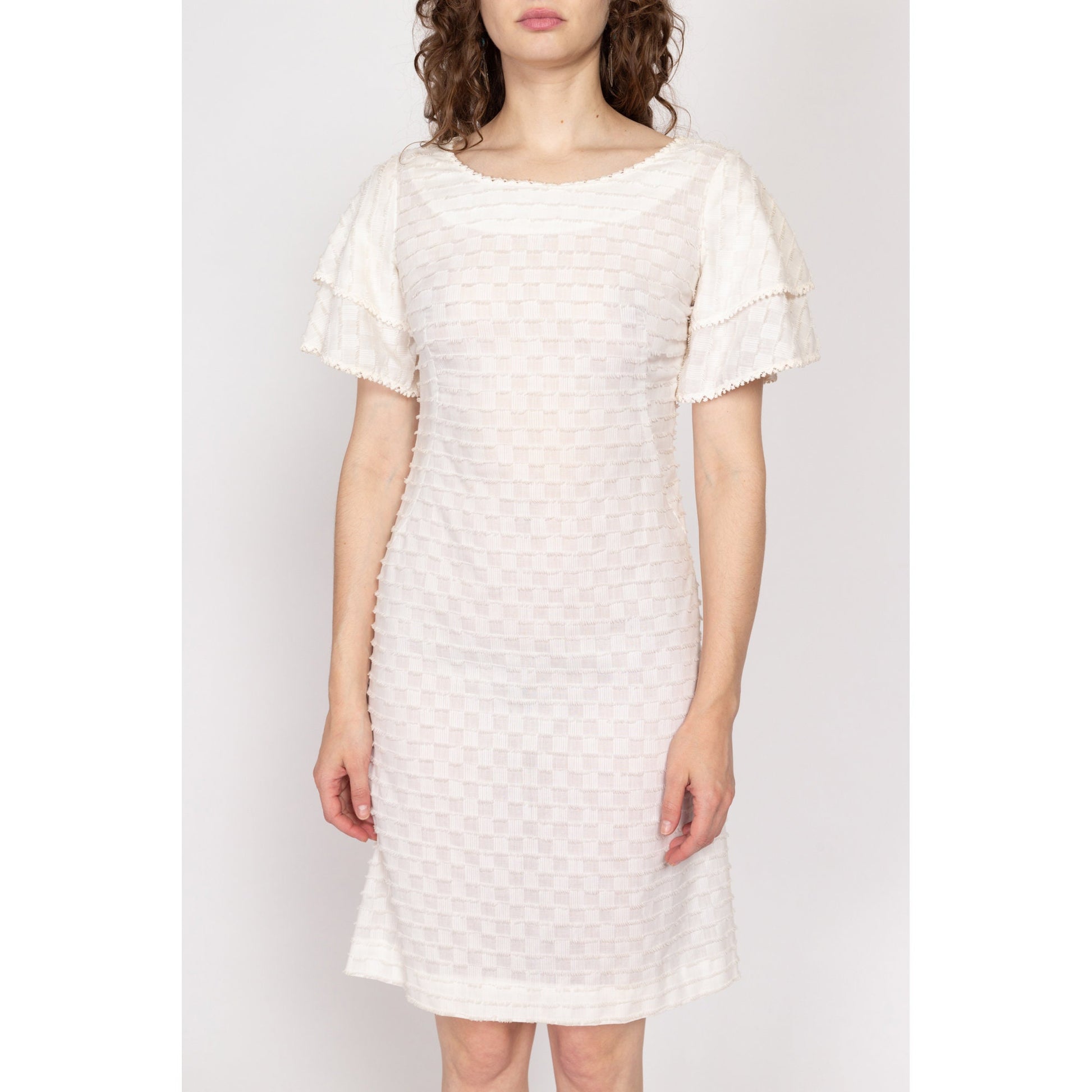 Sm-Med 60s Betty Barclay White Fringe Mini Dress | Vintage A Line Boho Short Flutter Sleeve Dress