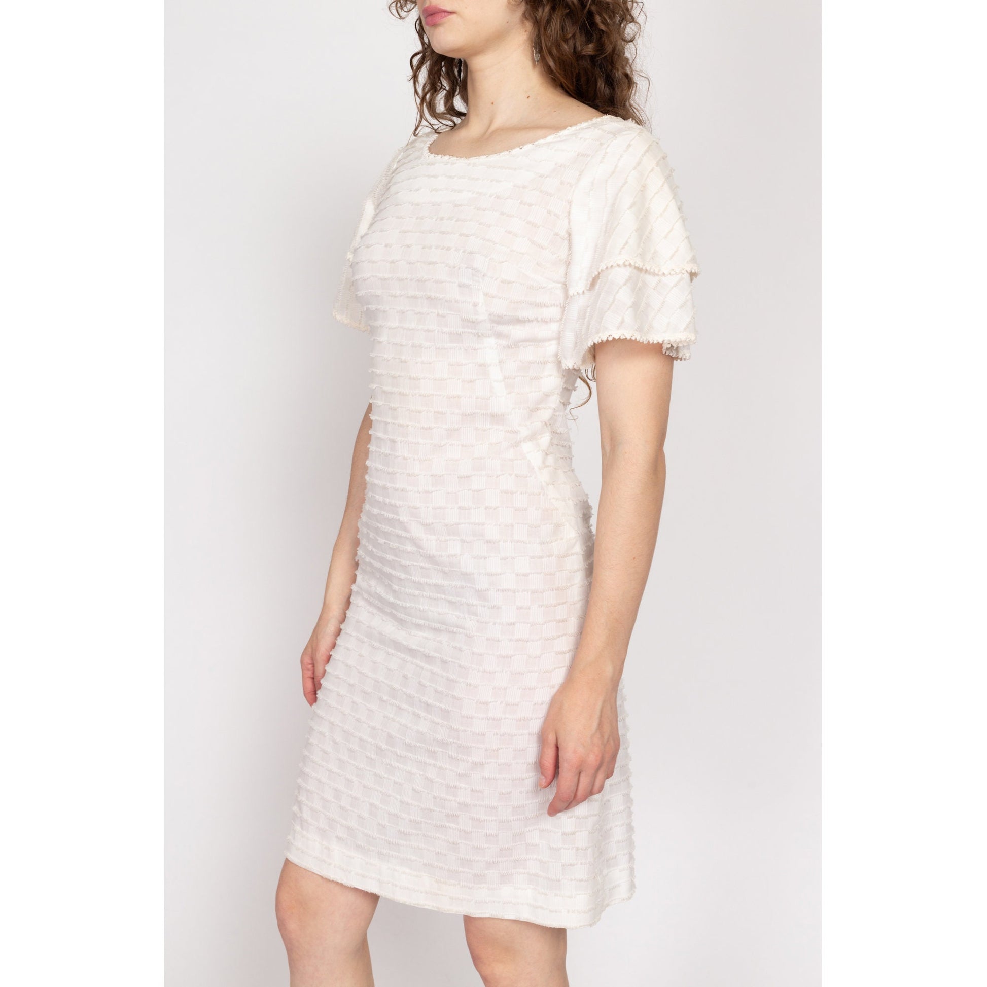 Sm-Med 60s Betty Barclay White Fringe Mini Dress | Vintage A Line Boho Short Flutter Sleeve Dress
