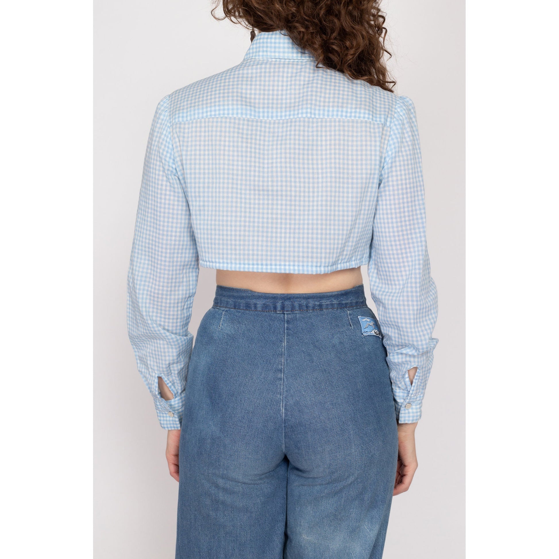 Medium 70s Blue Gingham Cropped Long Sleeve Shirt | Vintage Snap Front Collared Crop Top Blouse