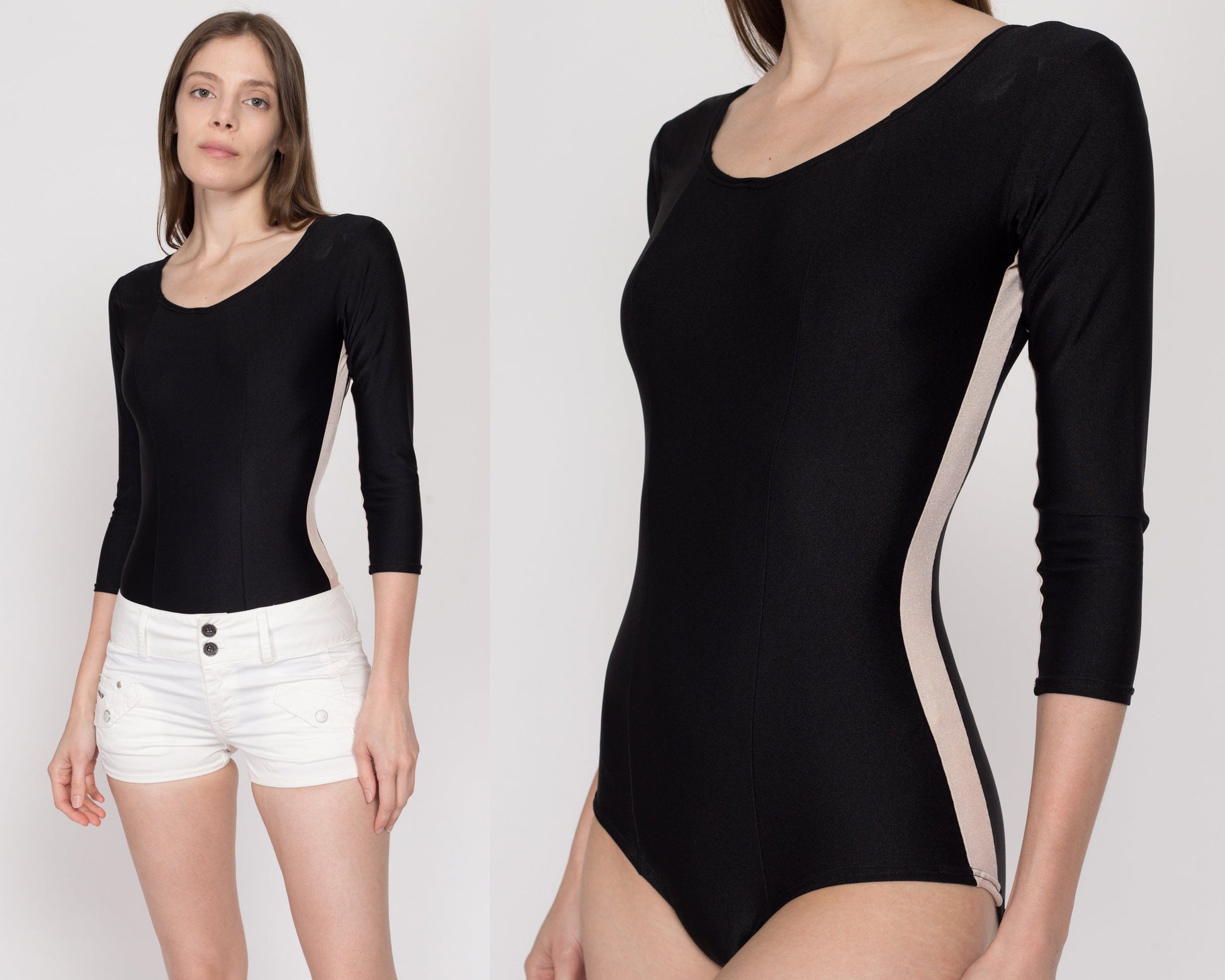 XS 90s Black Athletic Striped Leotard Bodysuit | Vintage 3/4 Sleeve Stretchy Aerobic Dance Costume One Piece