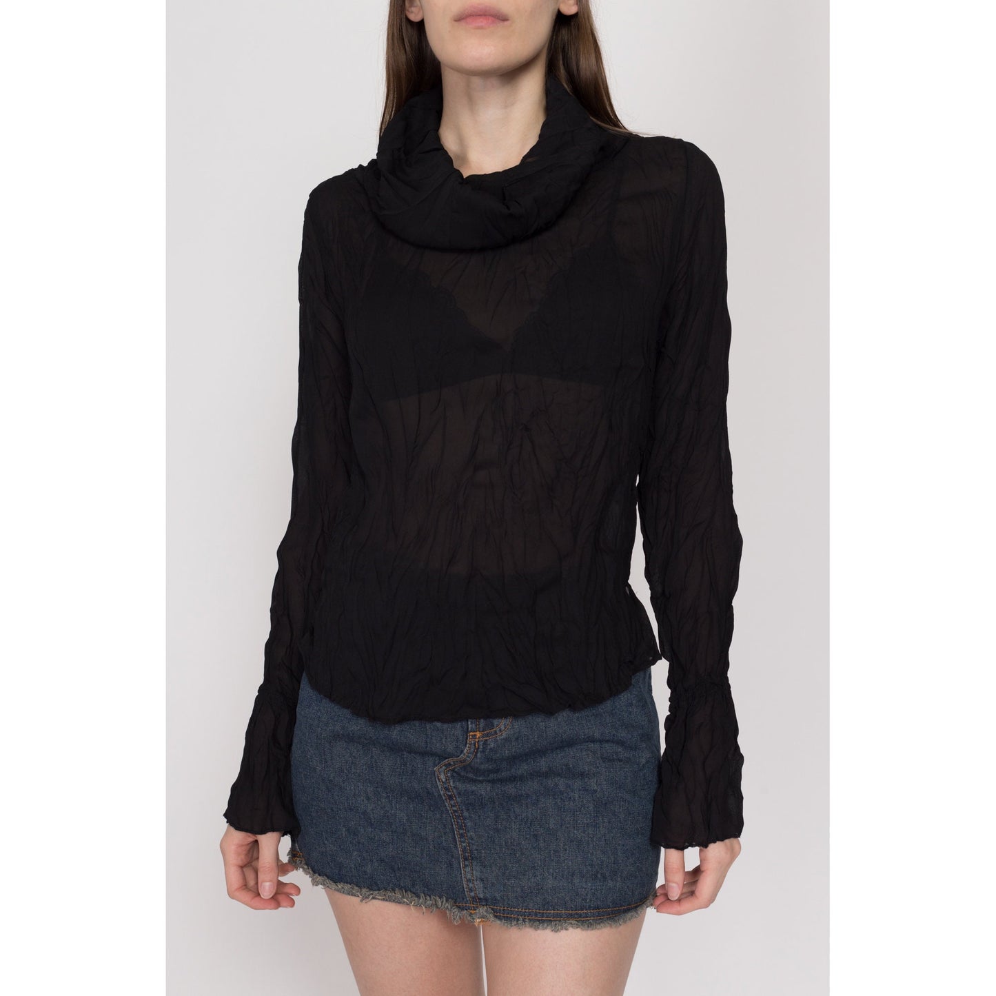 Large 90s Y2K Sheer Black Crinkle Textured Top | Vintage Long Sleeve Cowl Turtleneck Shirt