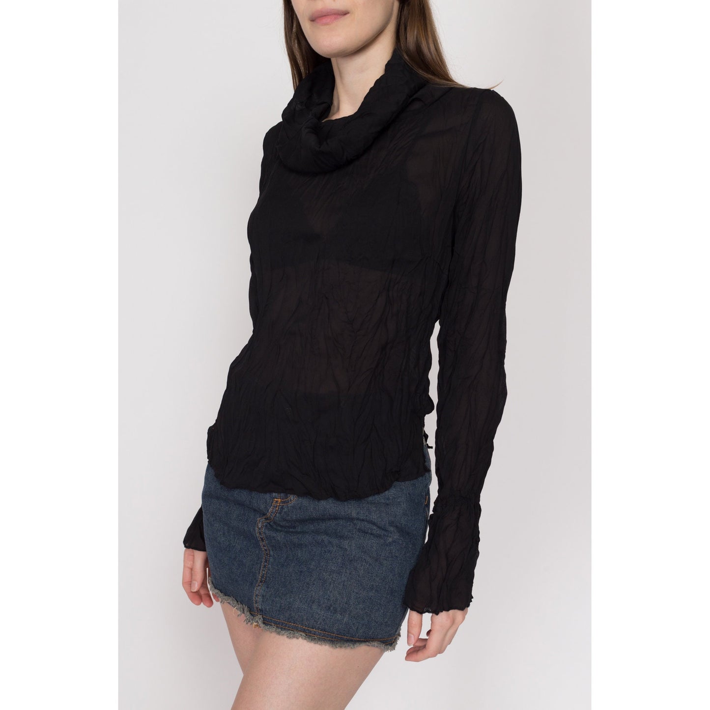 Large 90s Y2K Sheer Black Crinkle Textured Top | Vintage Long Sleeve Cowl Turtleneck Shirt