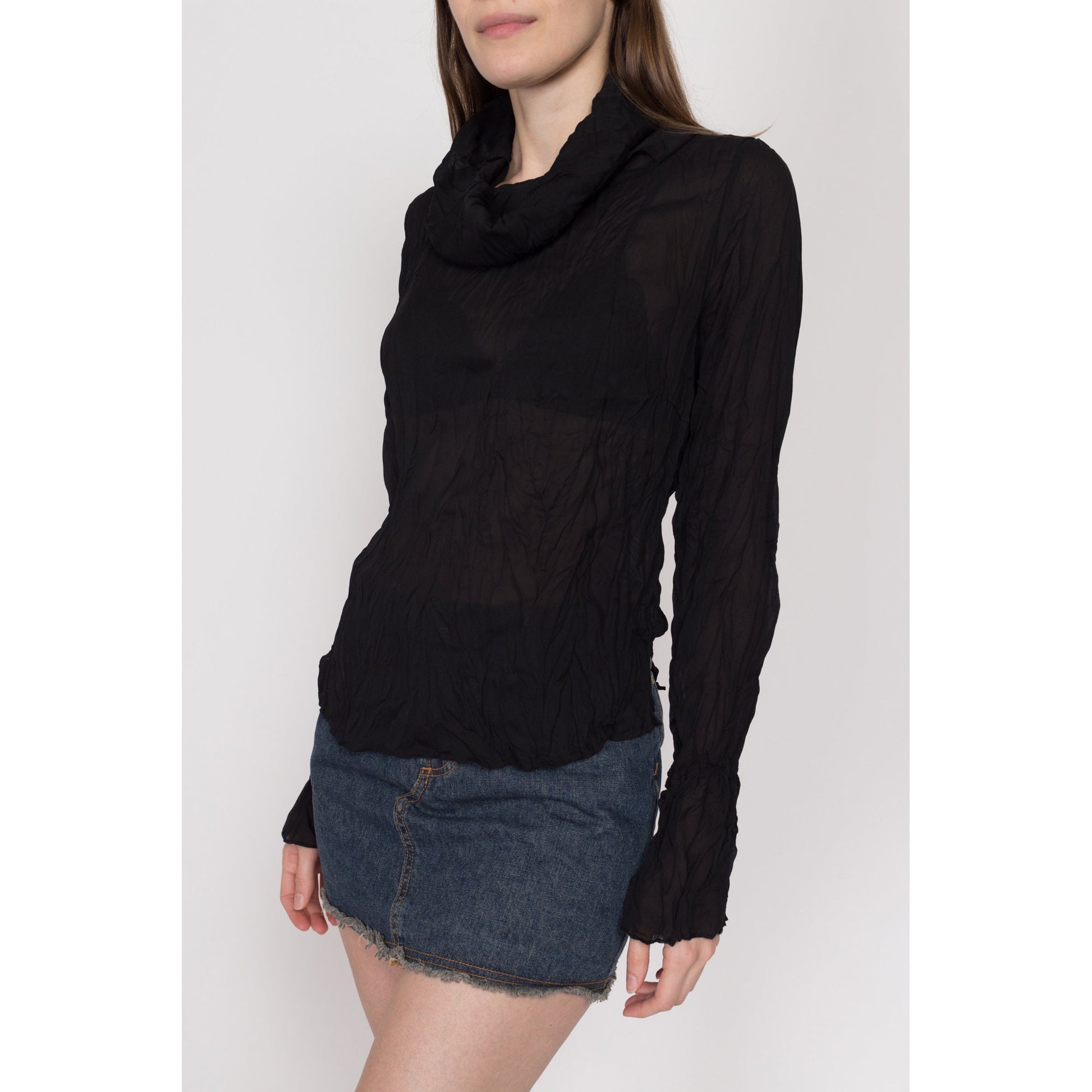 Large 90s Y2K Sheer Black Crinkle Textured Top | Vintage Long Sleeve Cowl Turtleneck Shirt