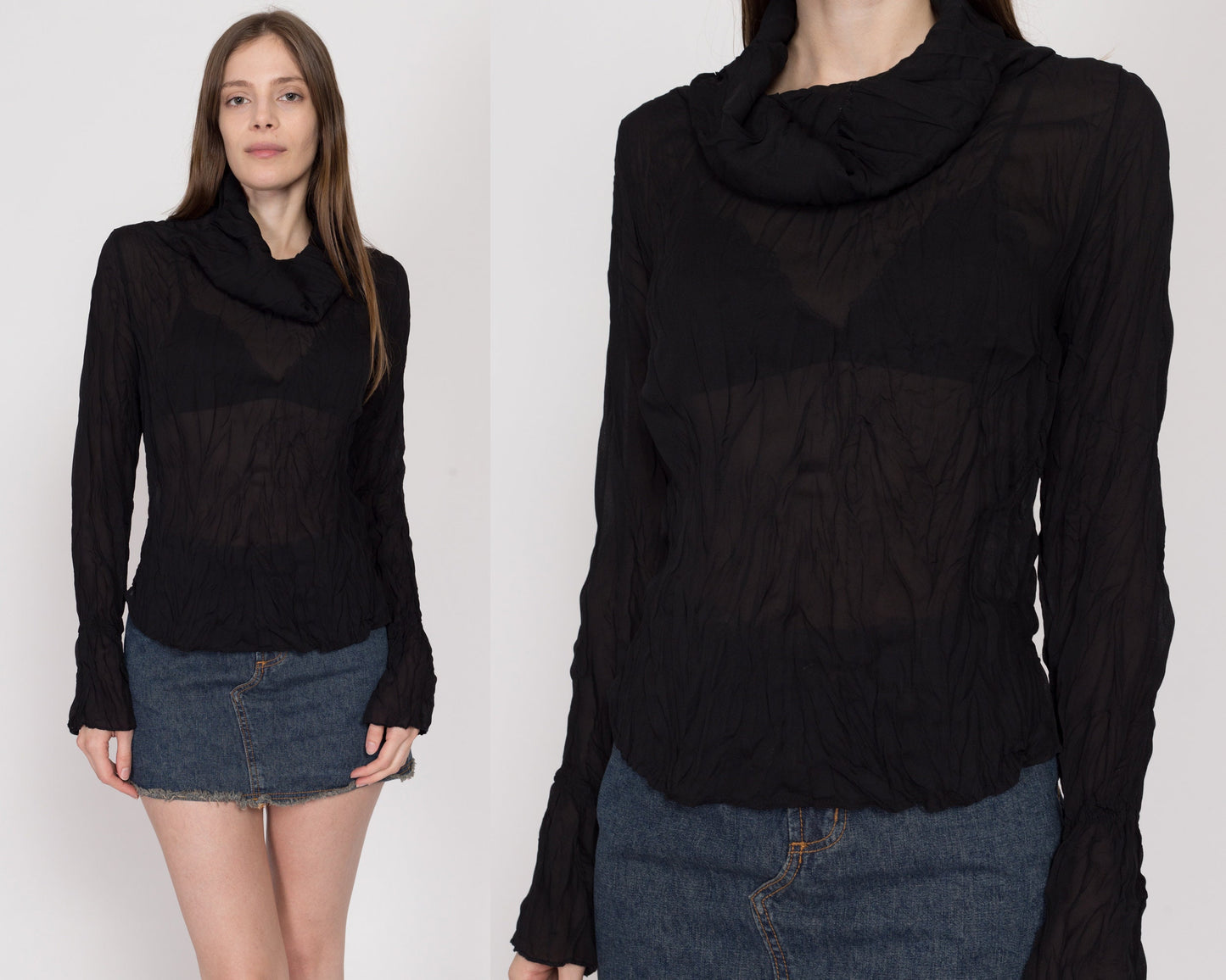 Large 90s Y2K Sheer Black Crinkle Textured Top | Vintage Long Sleeve Cowl Turtleneck Shirt