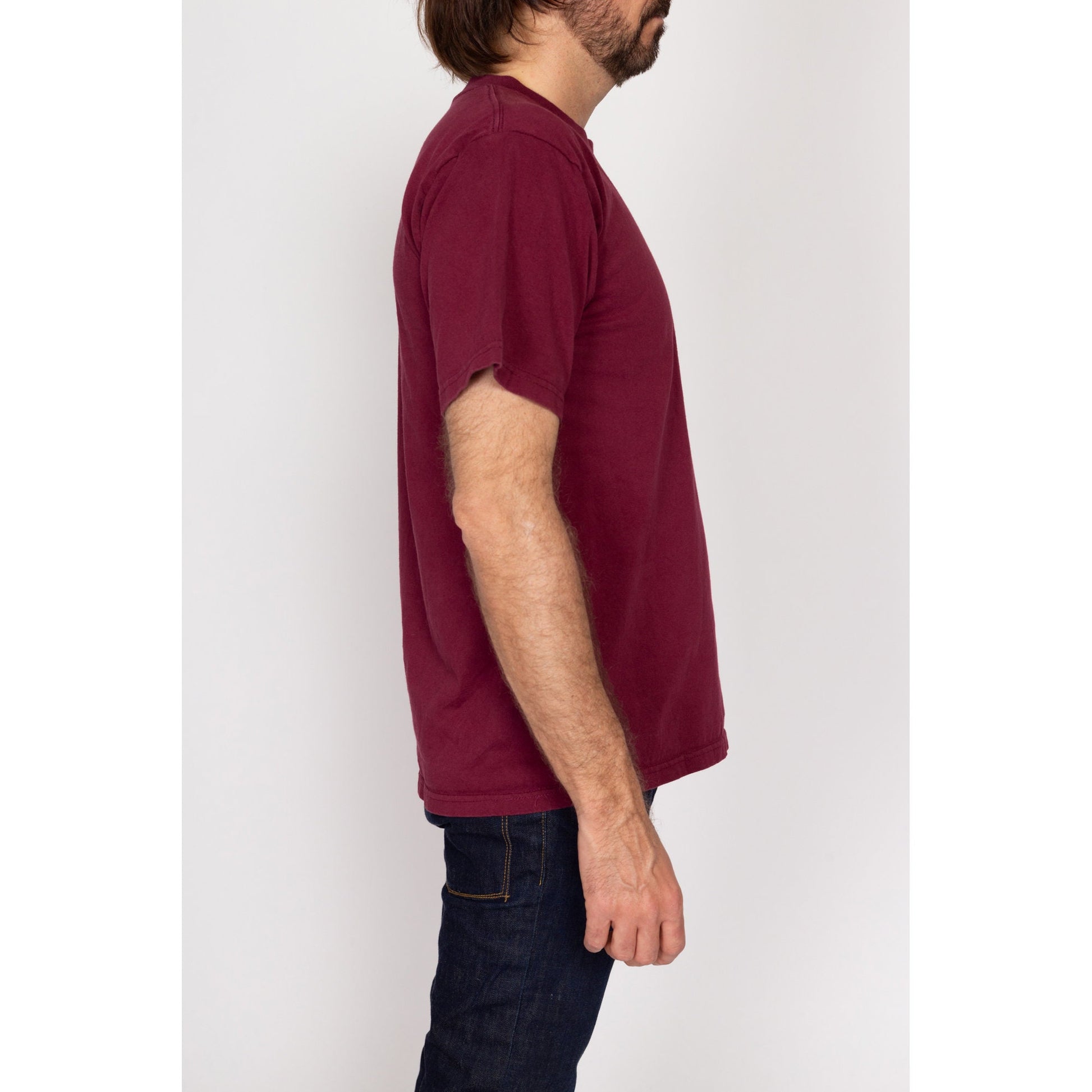 Large 90s Plain Wine Red Crew Neck Tee | Vintage Pro Club Short Sleeve Cotton T Shirt
