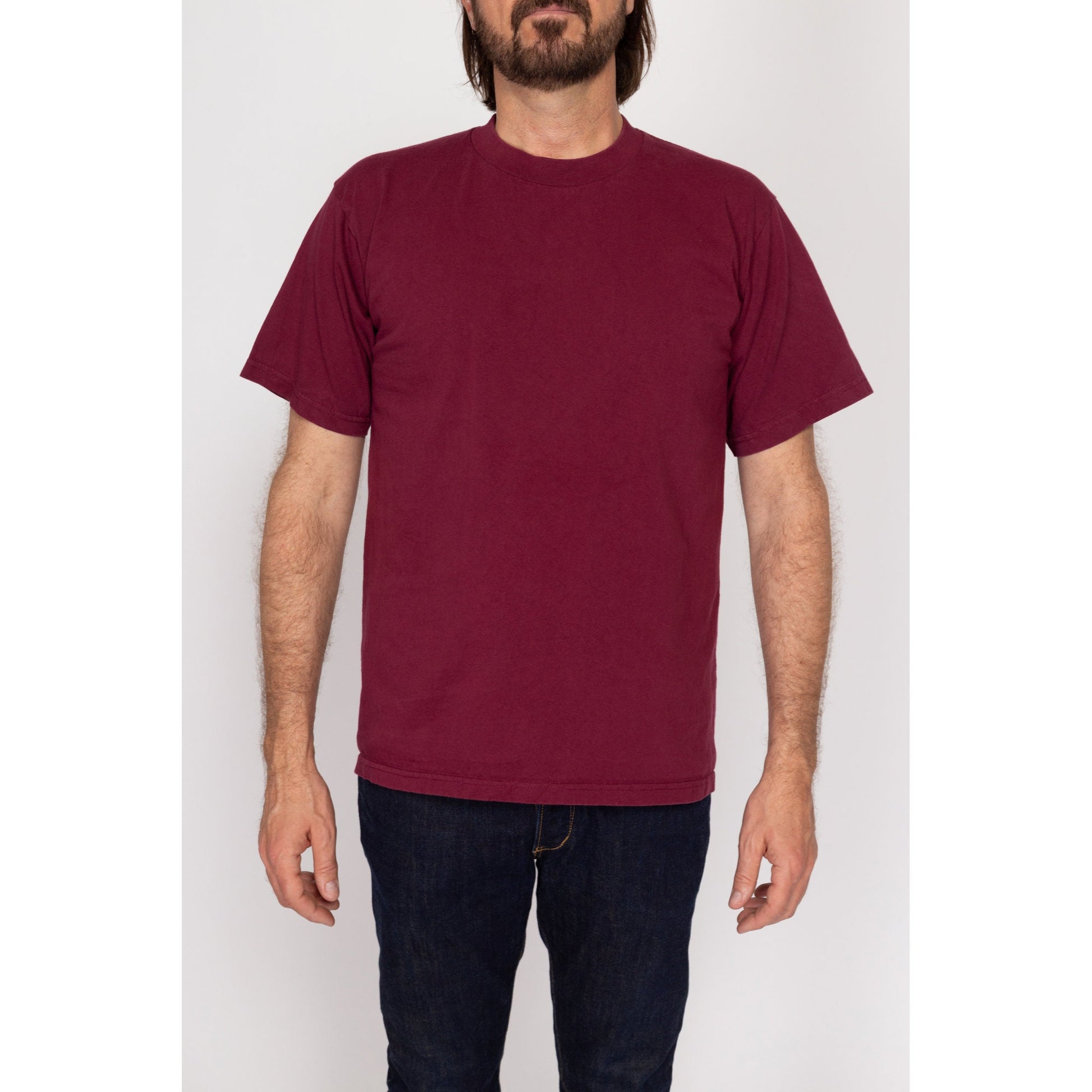 Large 90s Plain Wine Red Crew Neck Tee | Vintage Pro Club Short Sleeve Cotton T Shirt