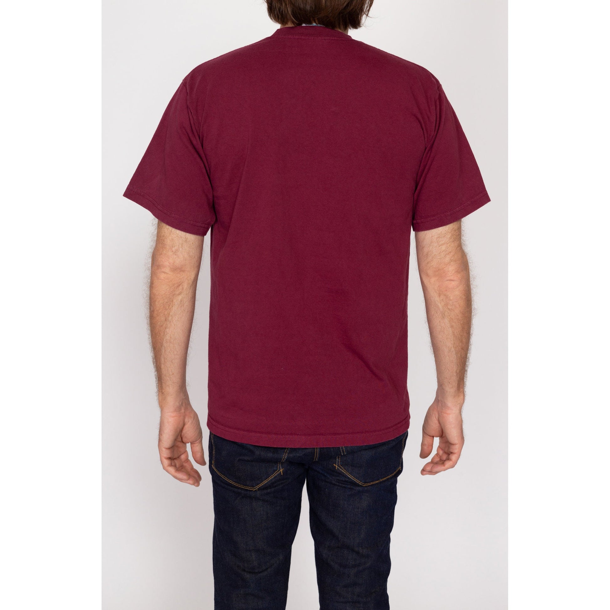 Large 90s Plain Wine Red Crew Neck Tee | Vintage Pro Club Short Sleeve Cotton T Shirt