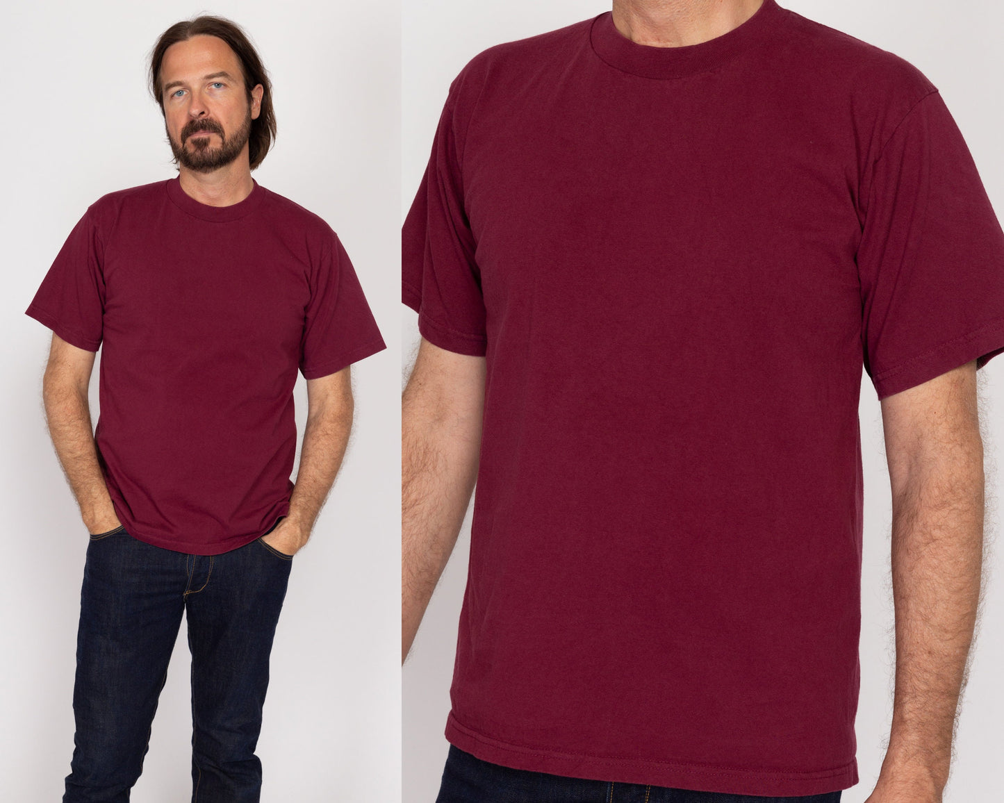 Large 90s Plain Wine Red Crew Neck Tee | Vintage Pro Club Short Sleeve Cotton T Shirt