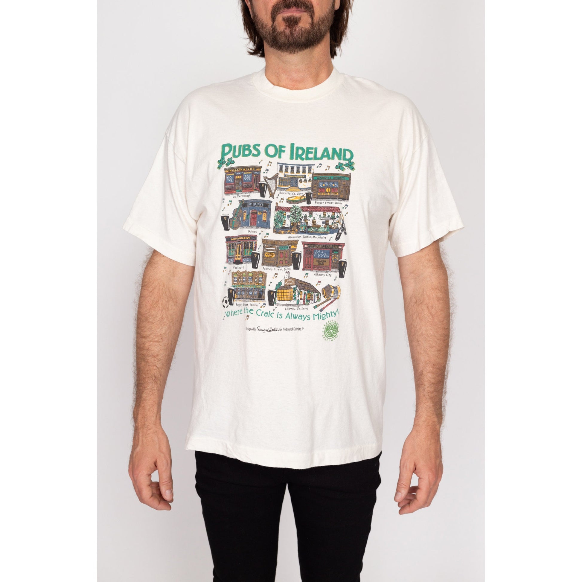 XL 90s Pubs Of Ireland T Shirt | Vintage White Irish Art Print Tourist Tee