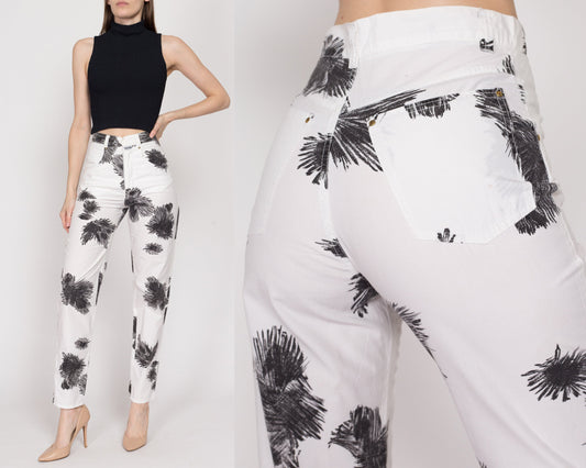 Small Y2K Black & White Squiggle Print Pants 26" | Vintage Two Tone High Waisted Tapered Leg Trousers