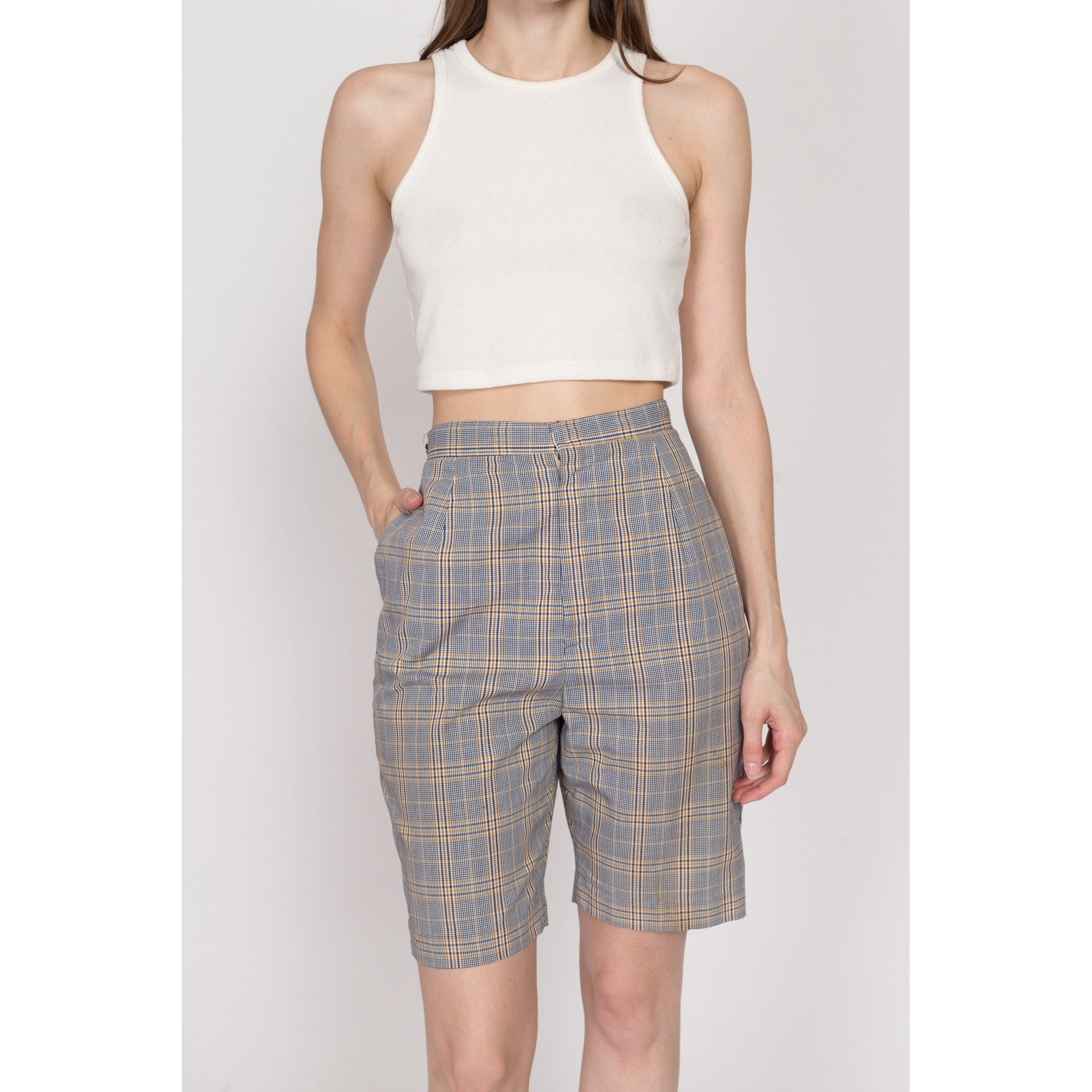 XS 60s Blue & Yellow Plaid High Waisted Shorts 23"-25" | Retro Vintage Curvy Hourglass Fit Bermuda Shorts
