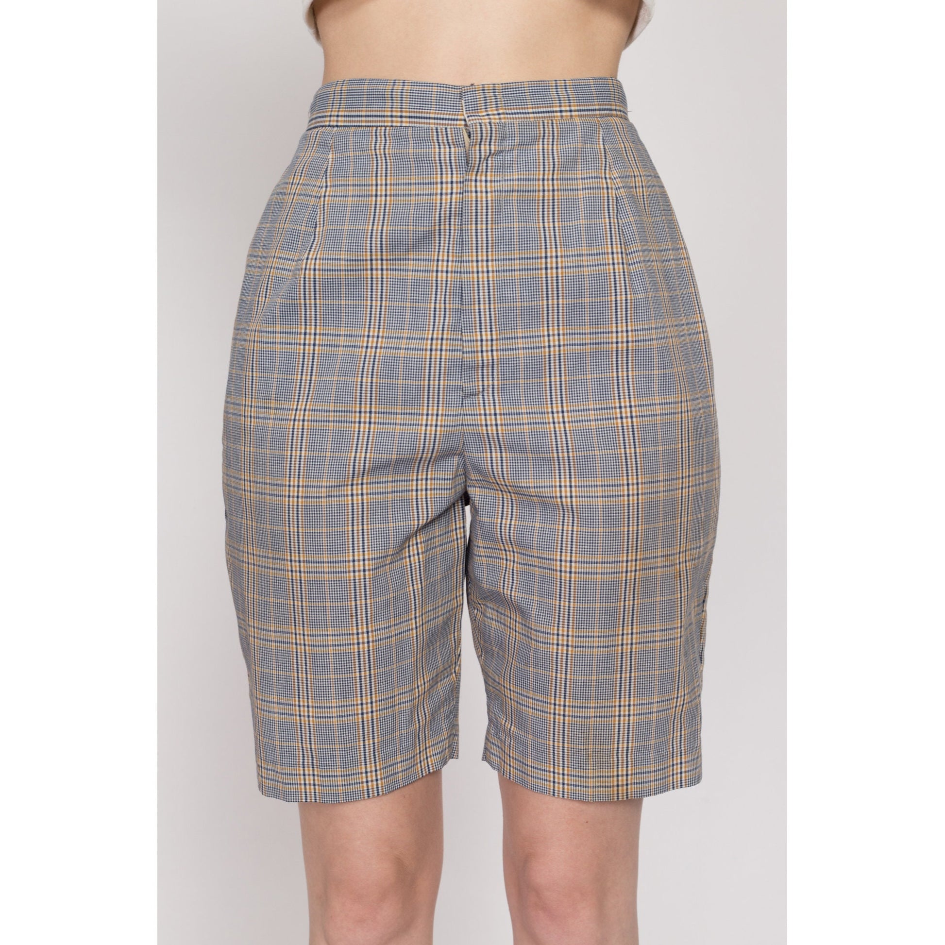 XS 60s Blue & Yellow Plaid High Waisted Shorts 23"-25" | Retro Vintage Curvy Hourglass Fit Bermuda Shorts