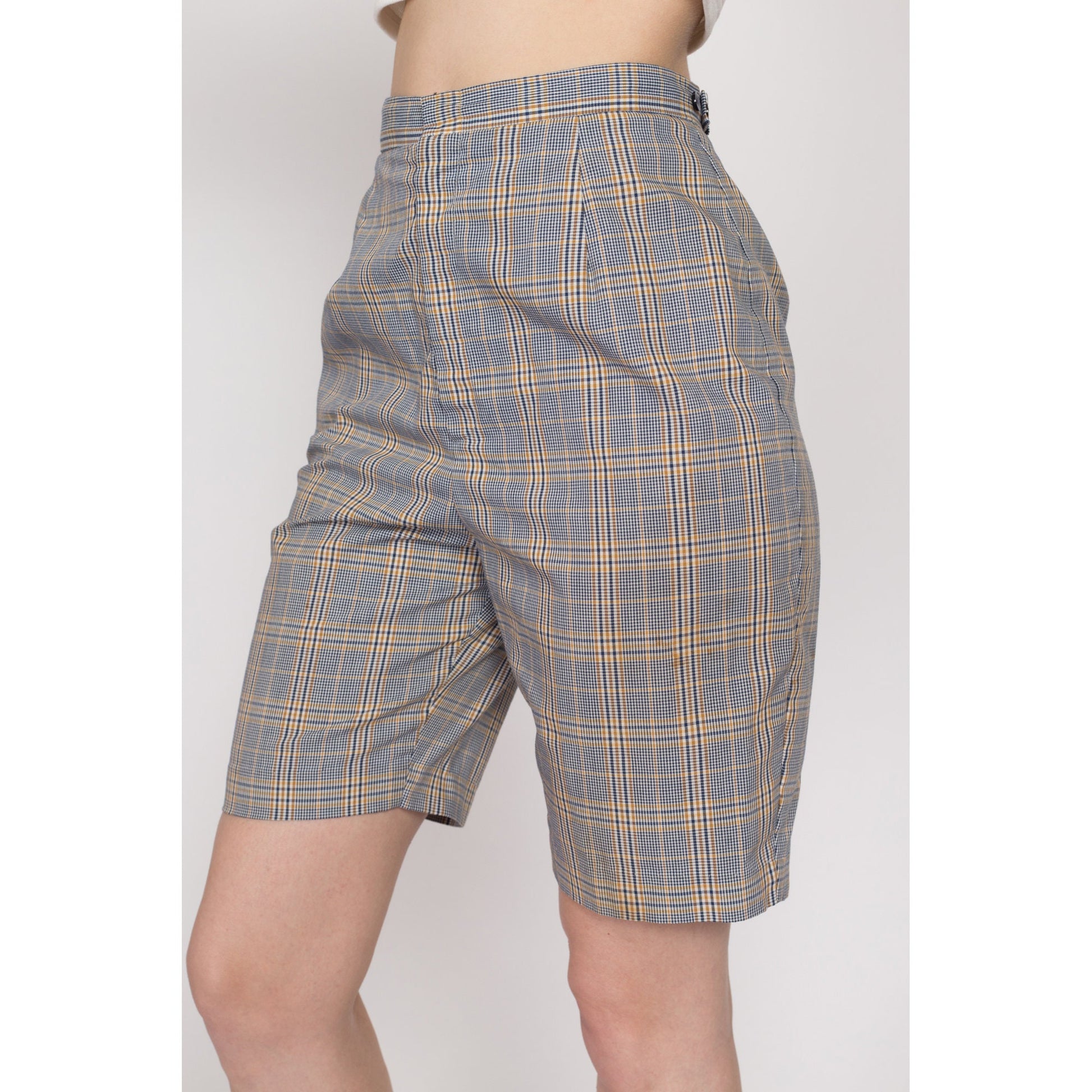 XS 60s Blue & Yellow Plaid High Waisted Shorts 23"-25" | Retro Vintage Curvy Hourglass Fit Bermuda Shorts