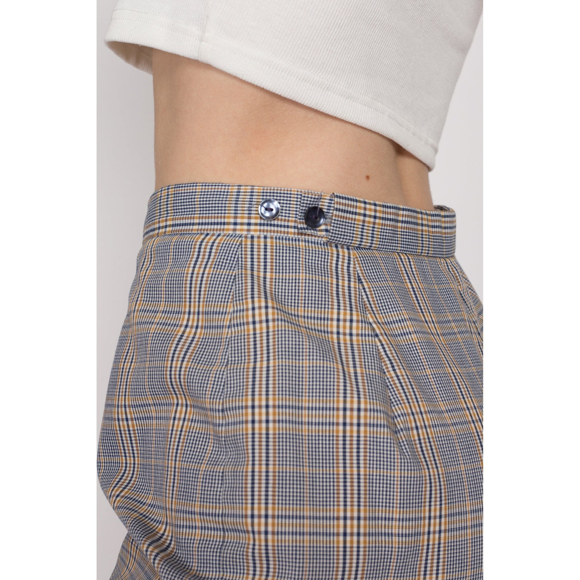 XS 60s Blue & Yellow Plaid High Waisted Shorts 23"-25" | Retro Vintage Curvy Hourglass Fit Bermuda Shorts