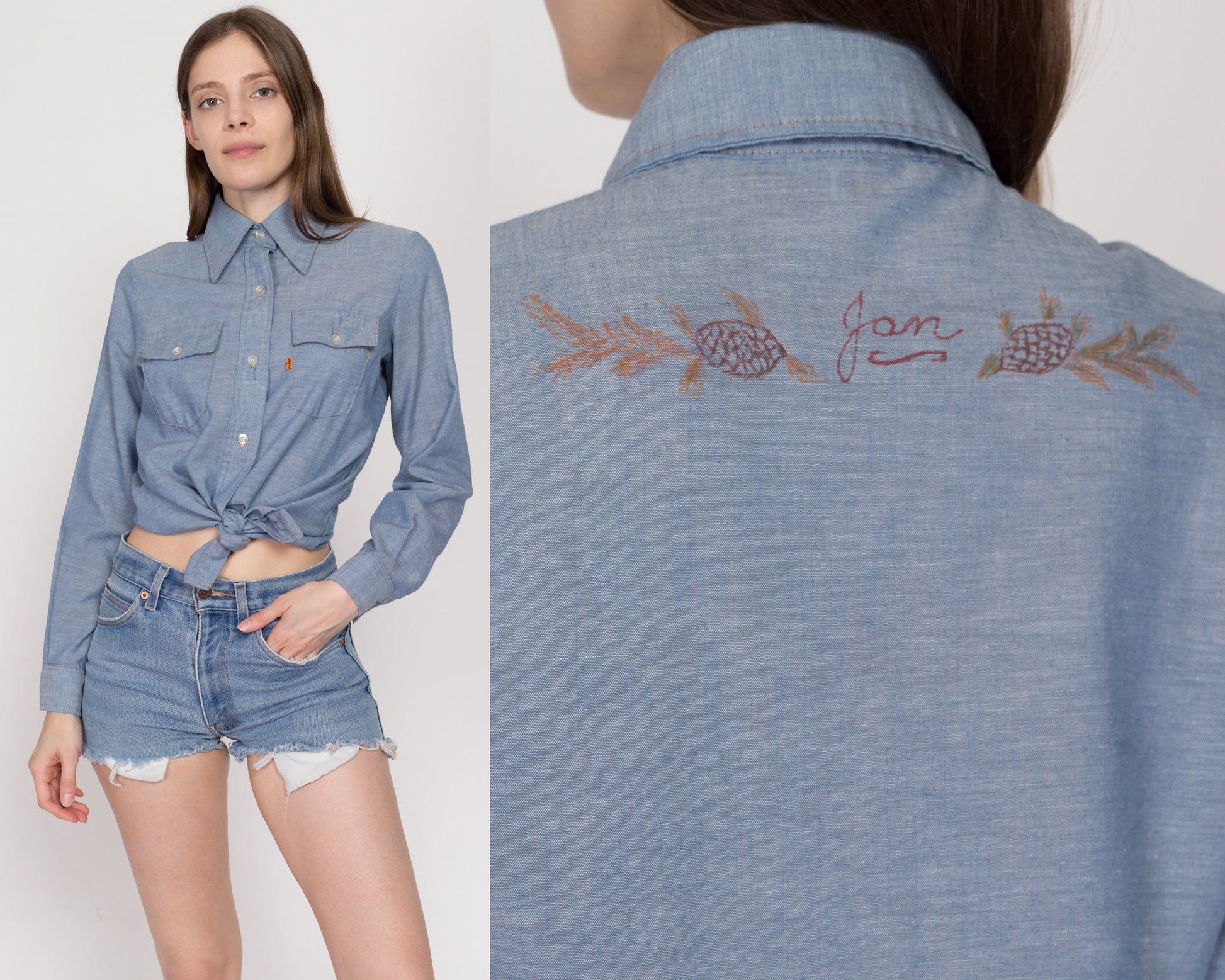 Med-Lrg 70s Levi's Chambray "Jan" Shirt | Vintage Blue Long Sleeve Button Up Collared Top