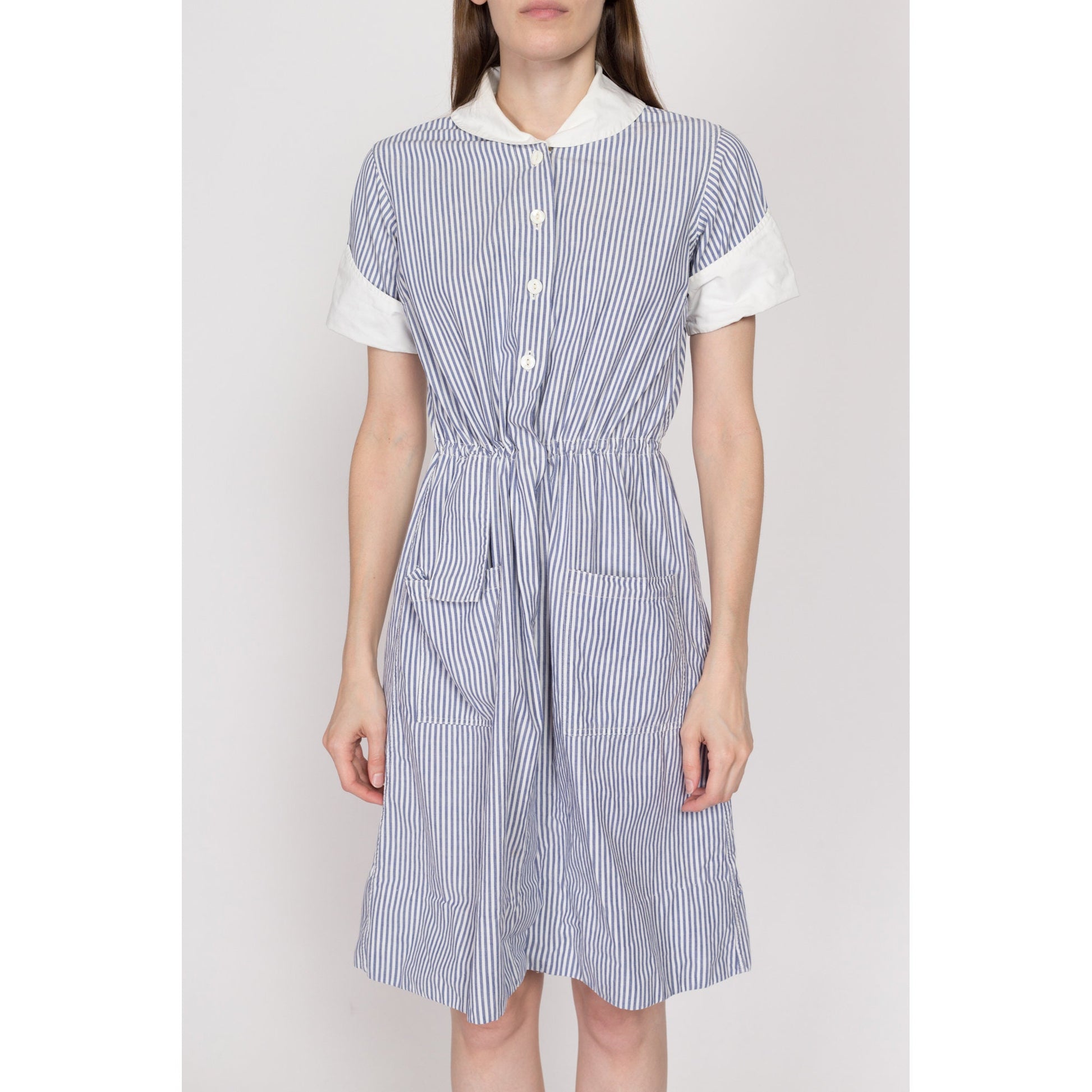 Medium 1940s Nurse Uniform Blue & White Striped Dress | Vintage 40s Authentic Nursing Outfit Pinstripe Pocket Mini Dress