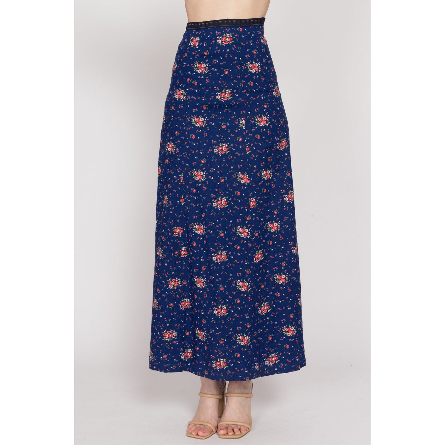 XS 70s Navy Blue Floral Maxi Skirt | Vintage A Line High Waisted Hippie Hostess Skirt