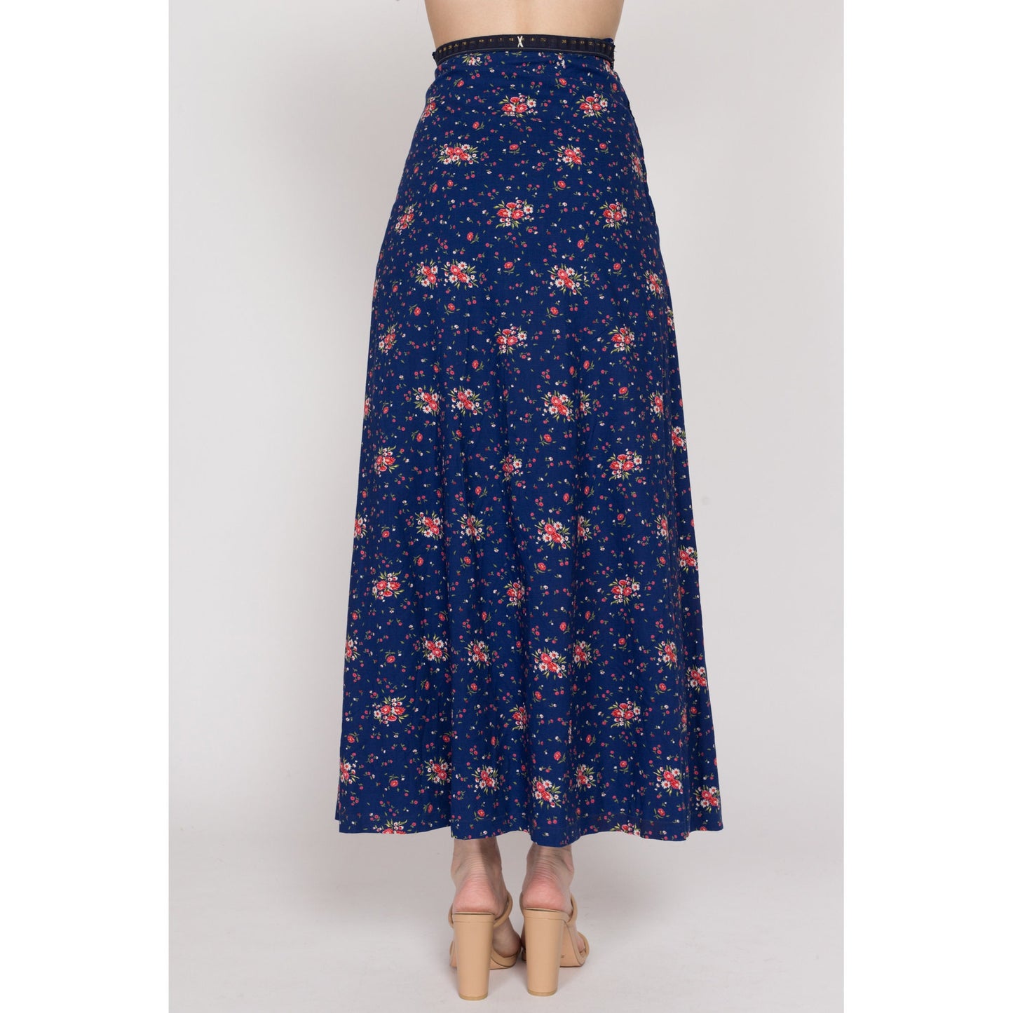 XS 70s Navy Blue Floral Maxi Skirt | Vintage A Line High Waisted Hippie Hostess Skirt