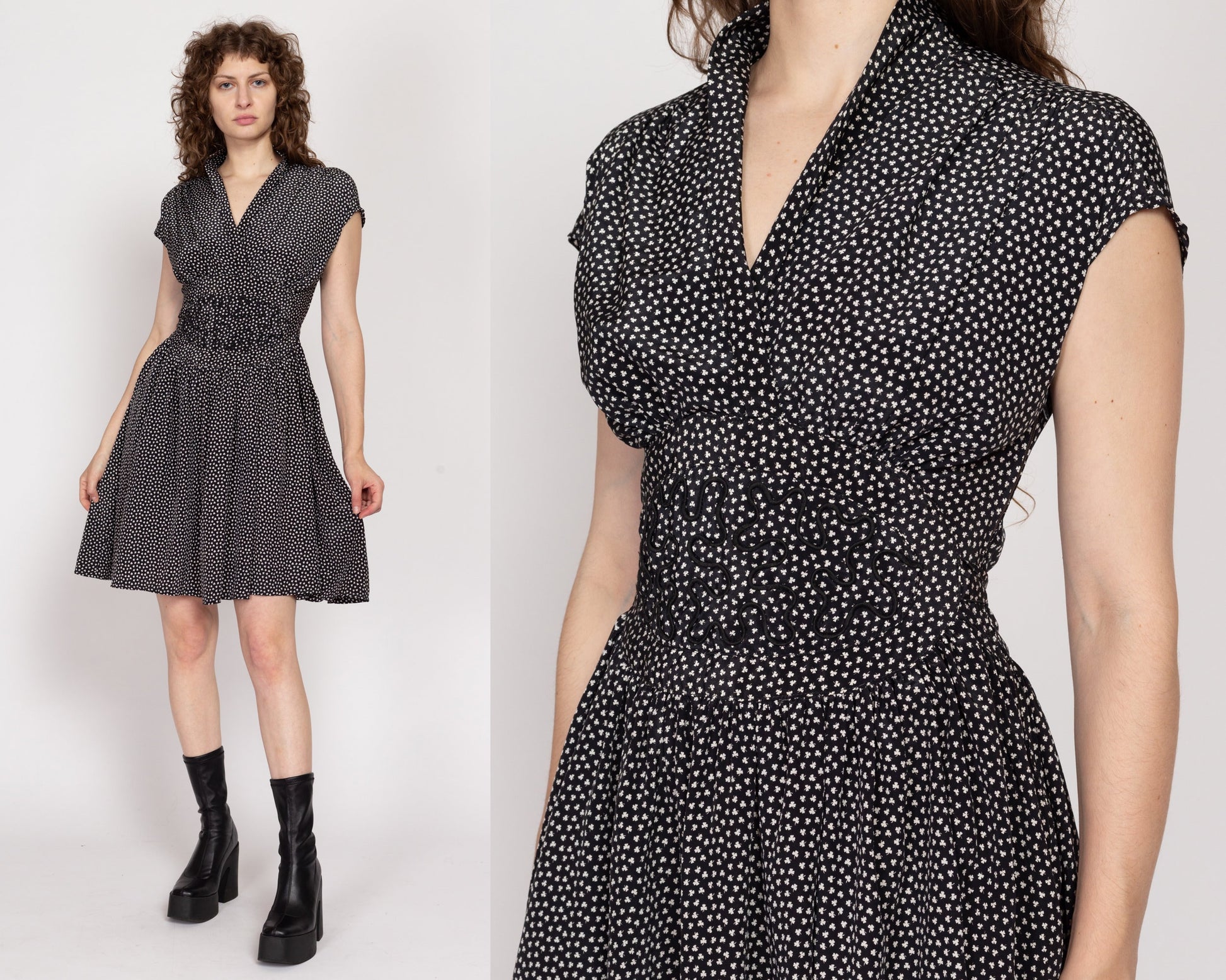 Small 80s Black & White Clover Print Mini Dress | Vintage Rockabilly Fit Flare Fitted Waist V Neck Dress