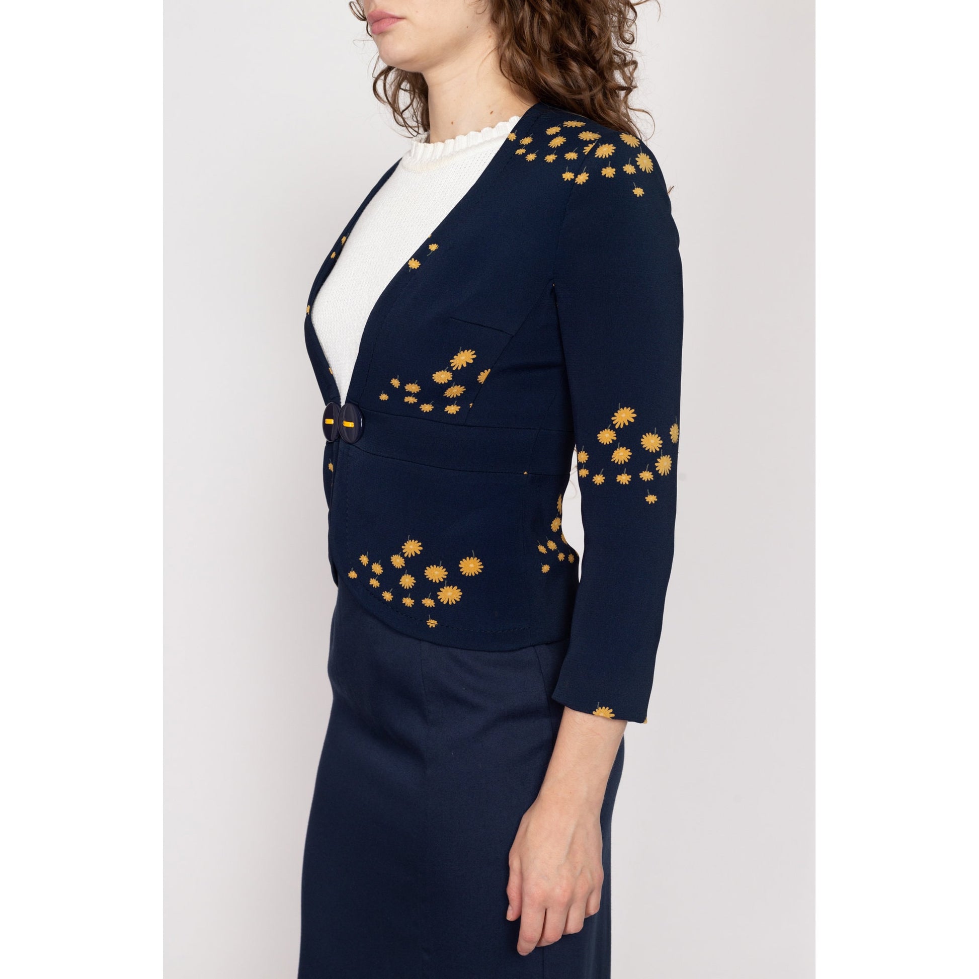 XS 70s Navy Blue Floral Blazer | Vintage Deep V Neck Long Sleeve Fitted Jacket Top