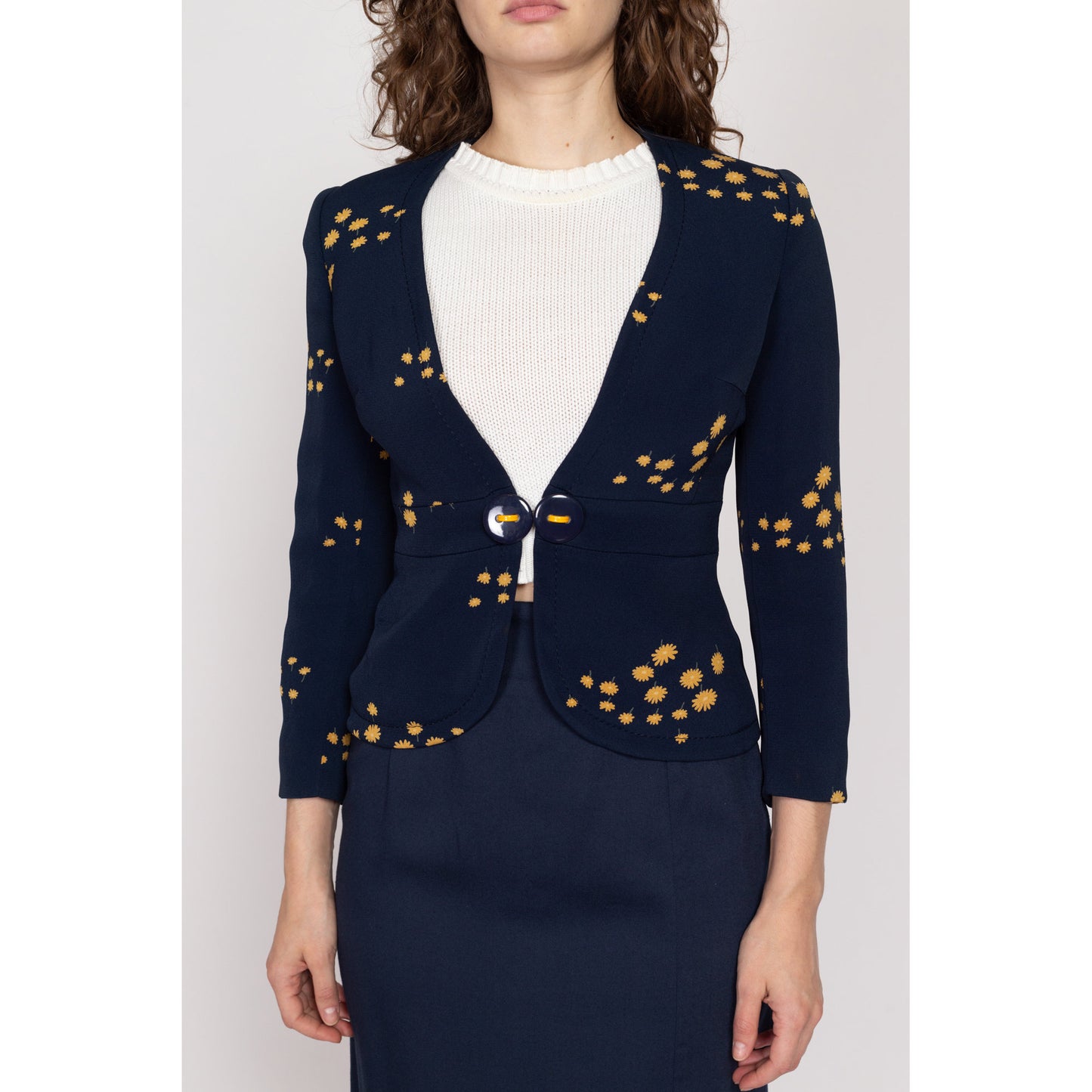 XS 70s Navy Blue Floral Blazer | Vintage Deep V Neck Long Sleeve Fitted Jacket Top