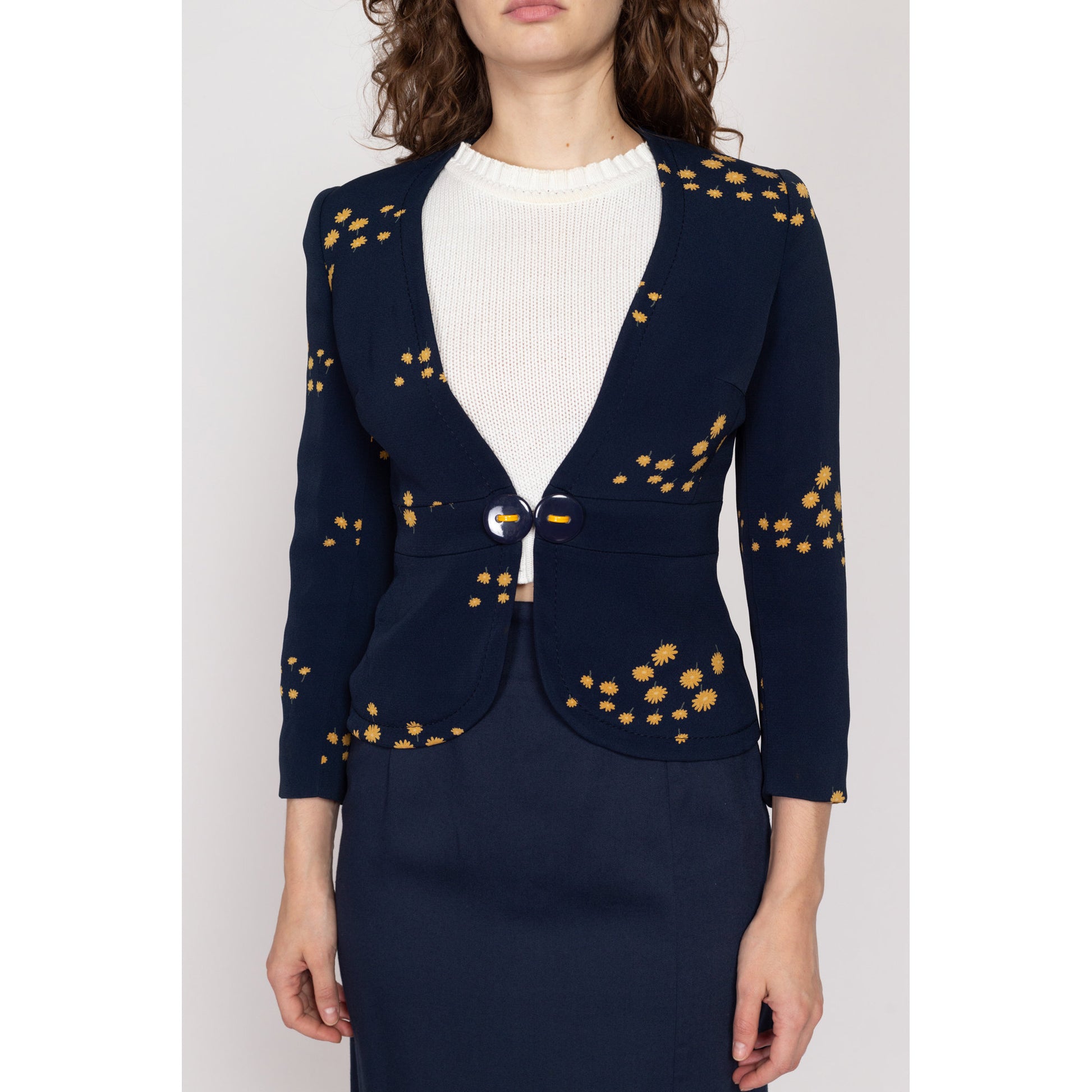 XS 70s Navy Blue Floral Blazer | Vintage Deep V Neck Long Sleeve Fitted Jacket Top