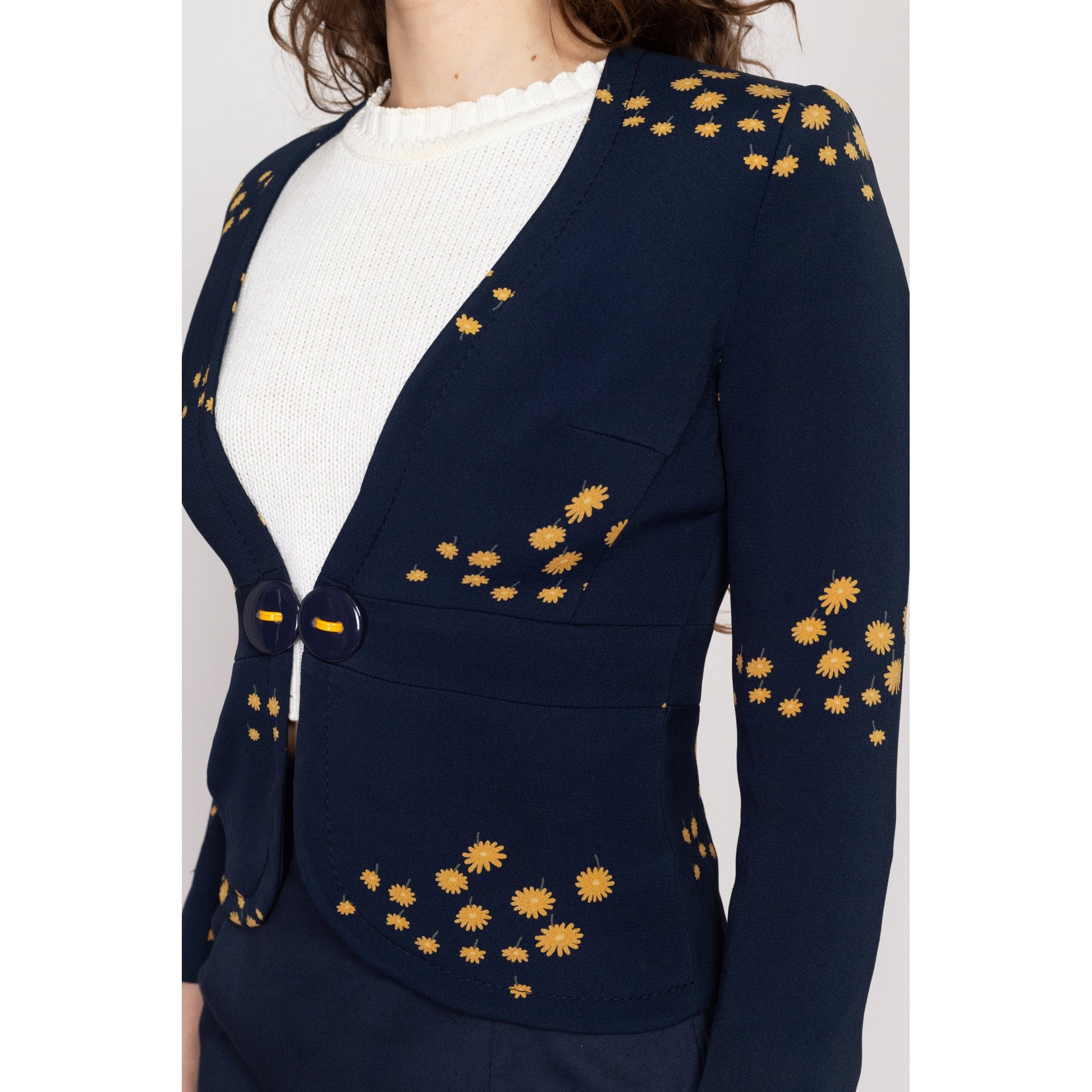 XS 70s Navy Blue Floral Blazer | Vintage Deep V Neck Long Sleeve Fitted Jacket Top